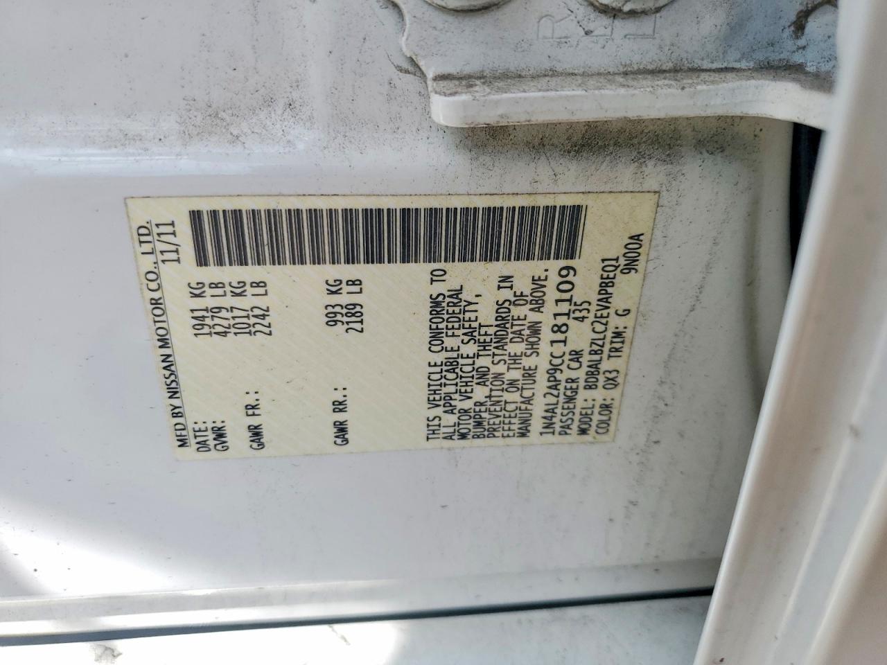 2012 Nissan Altima 2.5 White vin: 1N4AL2AP9CC181109