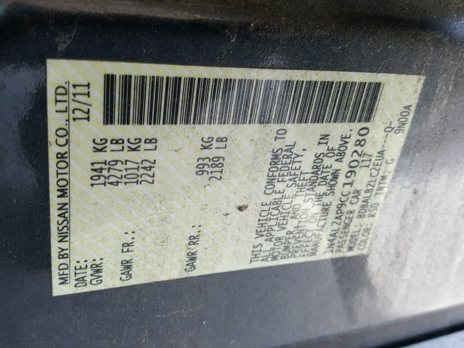 2012 Nissan Altima Base Gray vin: 1N4AL2AP9CC190280