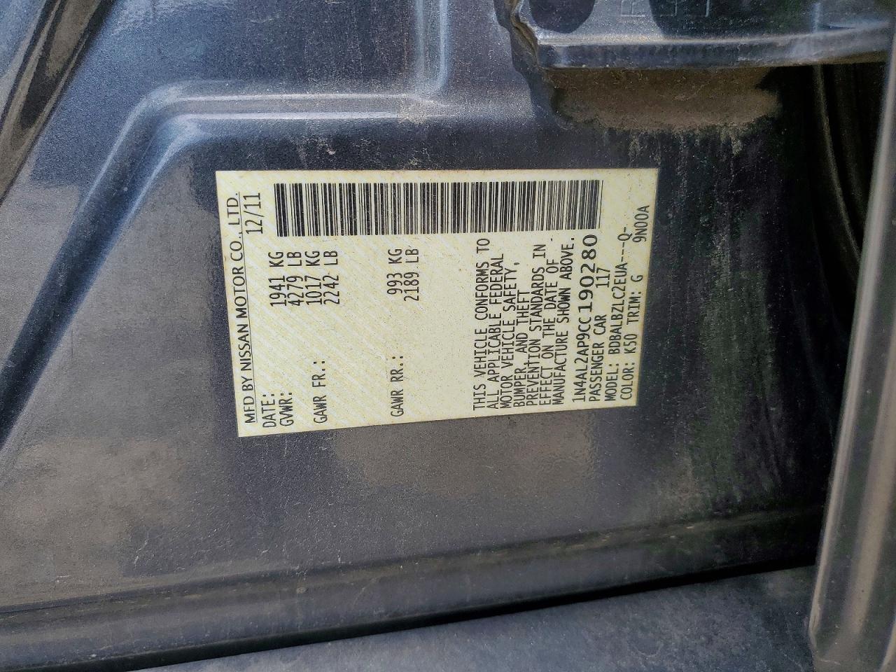 2012 Nissan Altima 2.5 Gray vin: 1N4AL2AP9CC190280