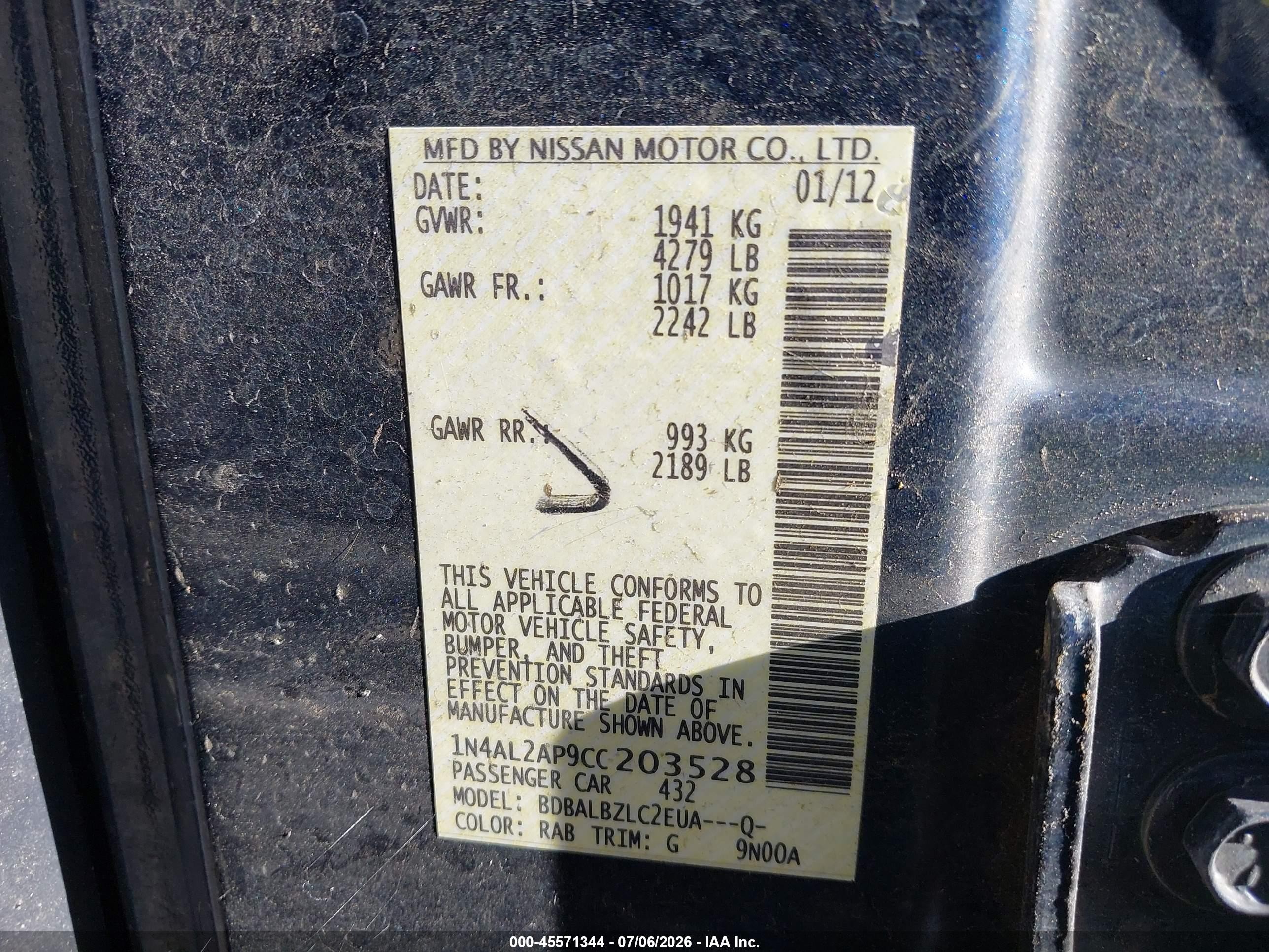 2012 Nissan Altima 2.5 S Dark Blue vin: 1N4AL2AP9CC203528