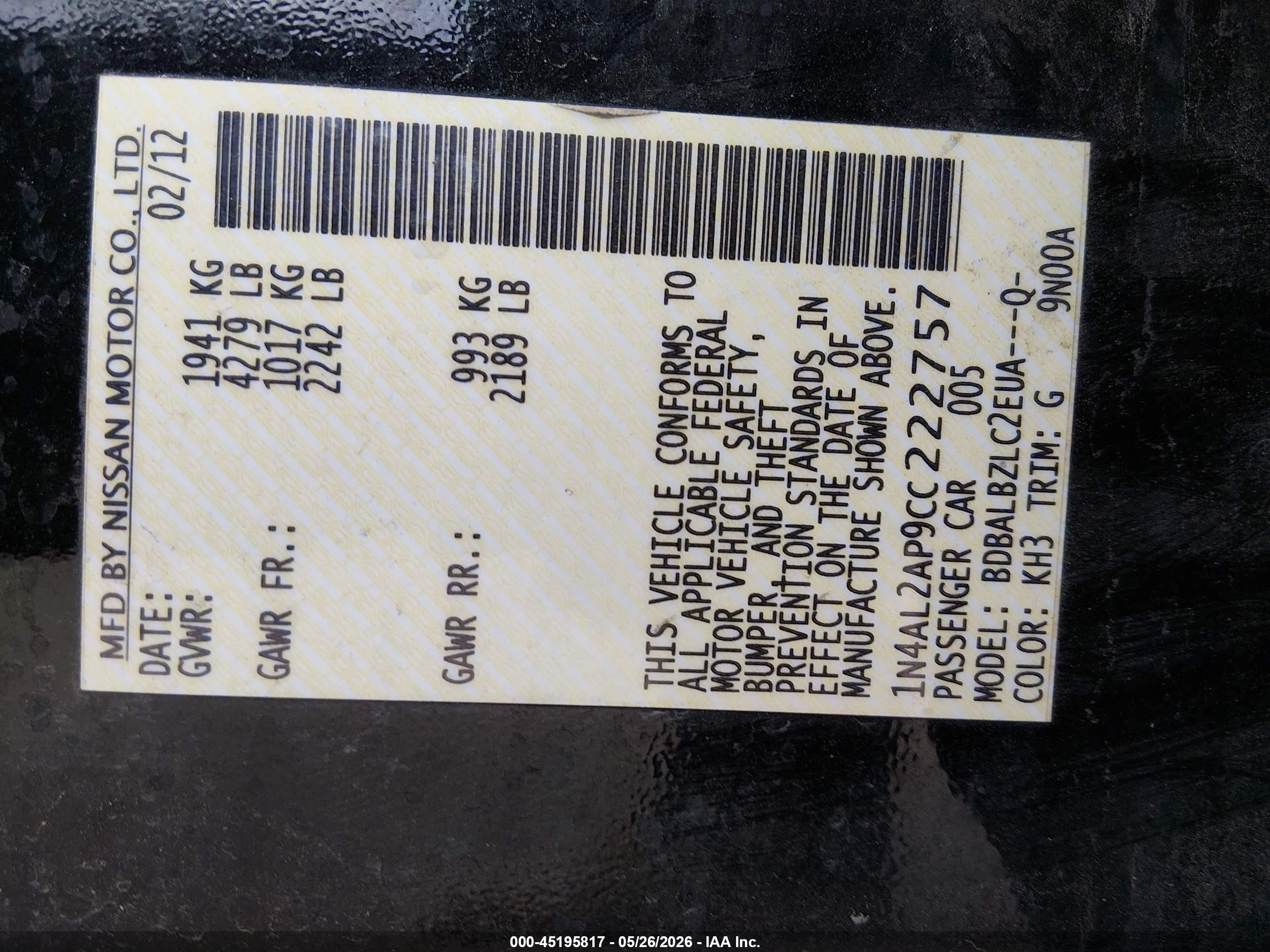 2012 Nissan Altima 2.5 S Black vin: 1N4AL2AP9CC222757