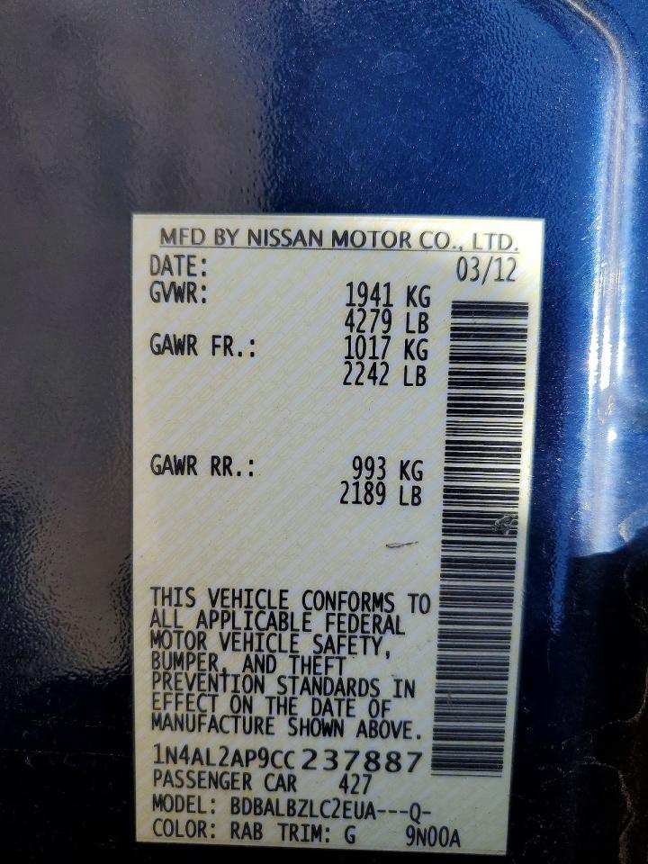 2012 Nissan Altima 2.5 Blue vin: 1N4AL2AP9CC237887