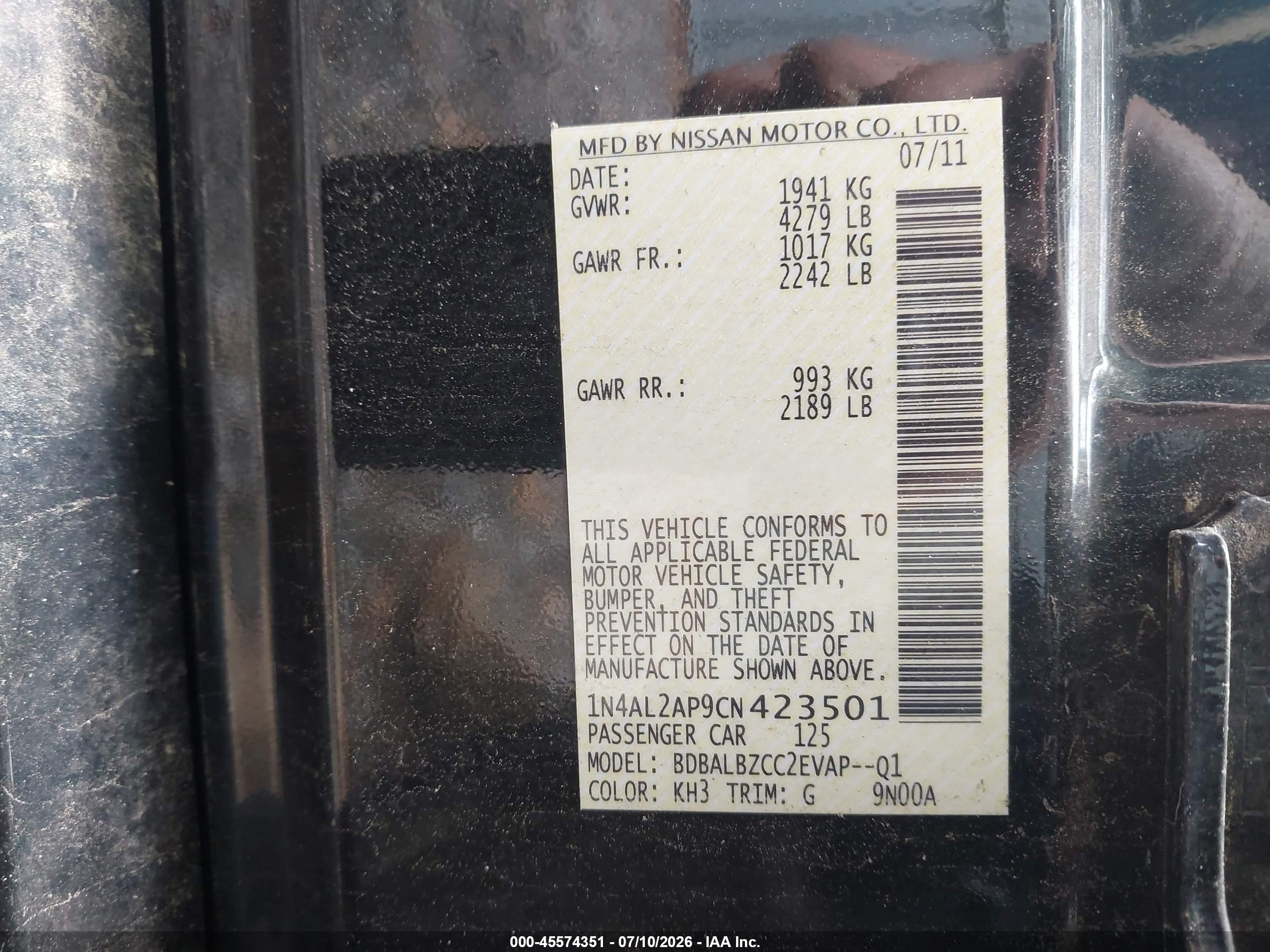 2012 Nissan Altima 2.5 S Black vin: 1N4AL2AP9CN423501