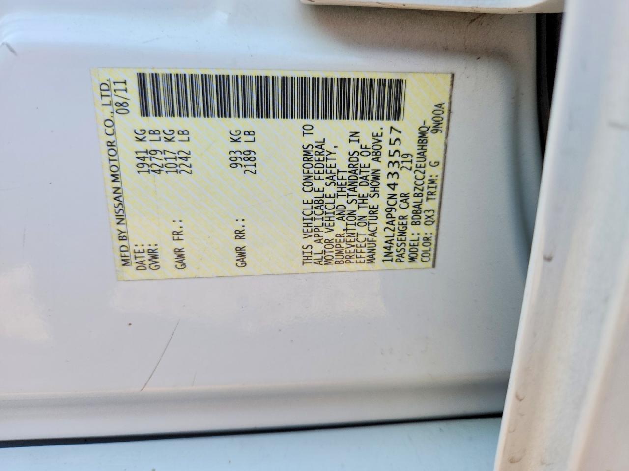 2012 Nissan Altima White vin: 1N4AL2AP9CN433557