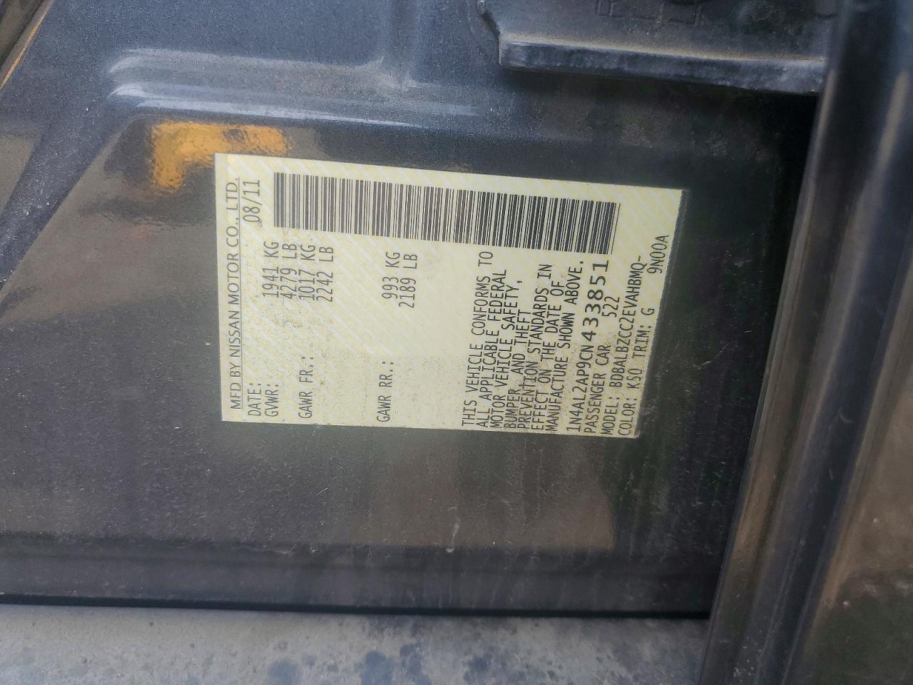 2012 Nissan Altima 2.5 Charcoal vin: 1N4AL2AP9CN433851