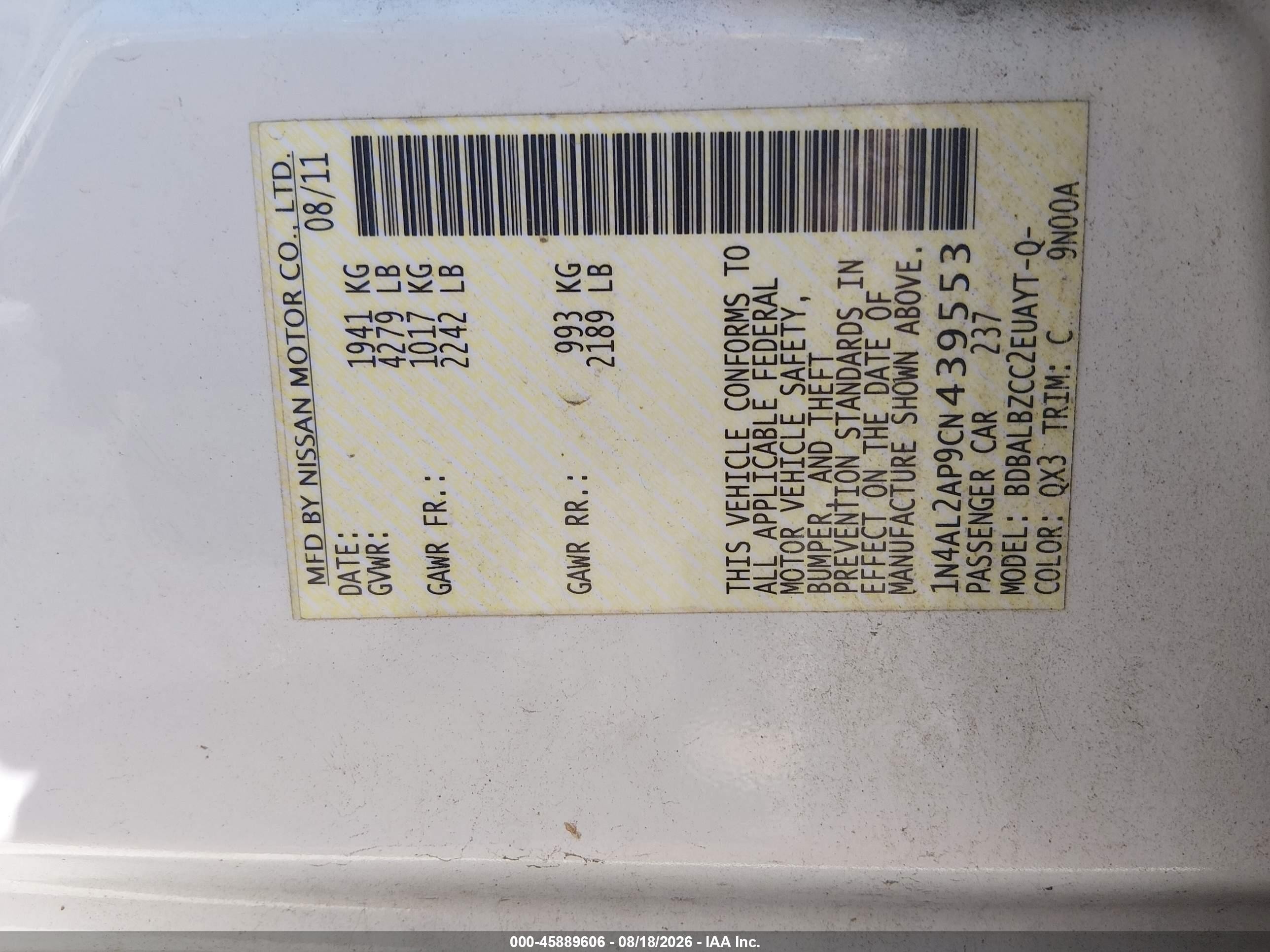 2012 Nissan Altima 2.5 S White vin: 1N4AL2AP9CN439553