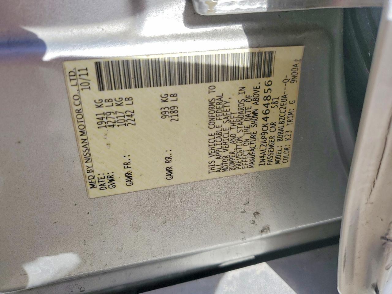 2012 Nissan Altima S W/continuou Silver vin: 1N4AL2AP9CN464856