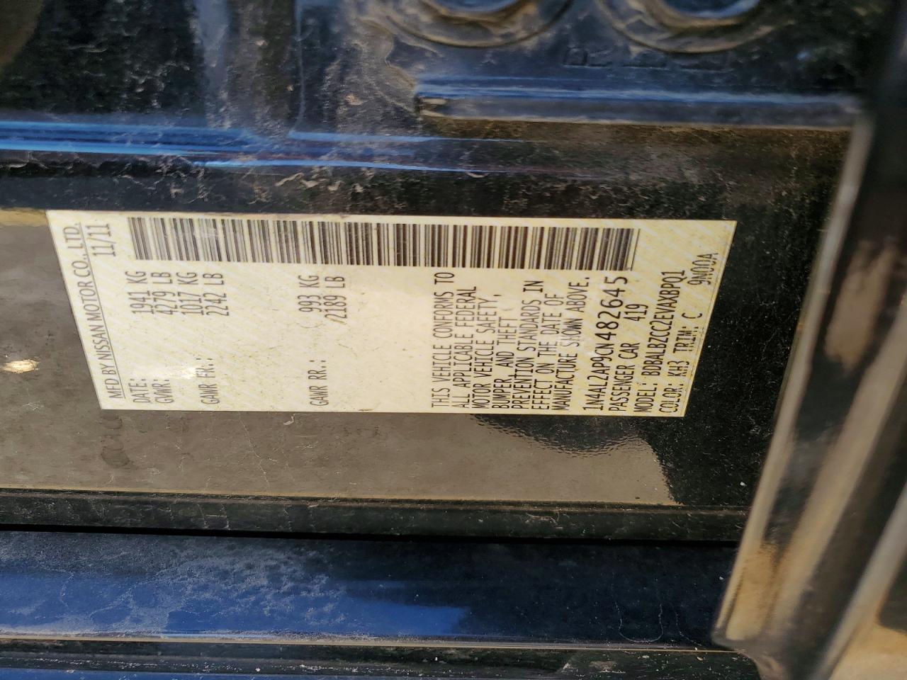 2012 Nissan Altima 2.5 Black vin: 1N4AL2AP9CN482645