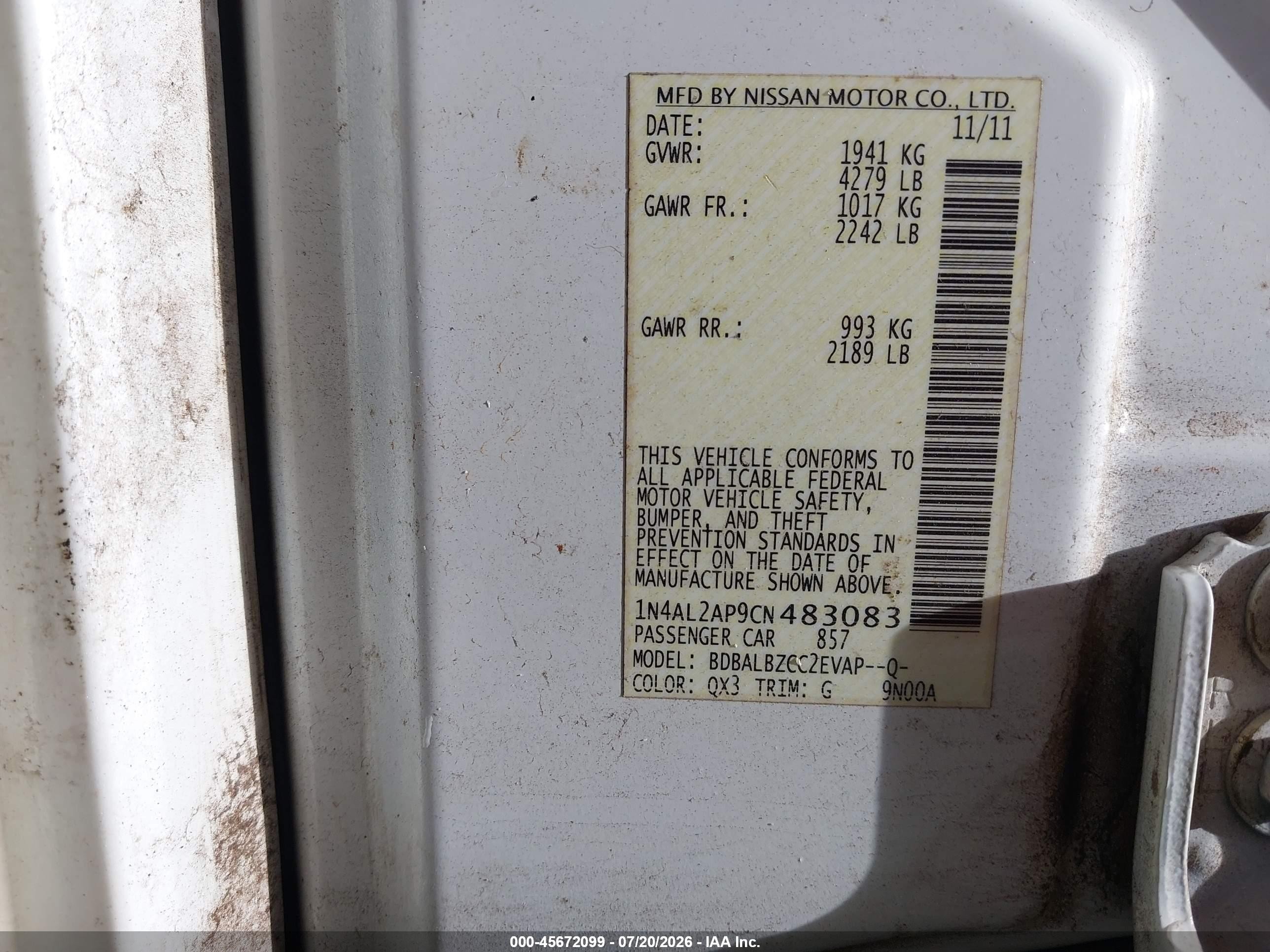 2012 Nissan Altima 2.5 S White vin: 1N4AL2AP9CN483083
