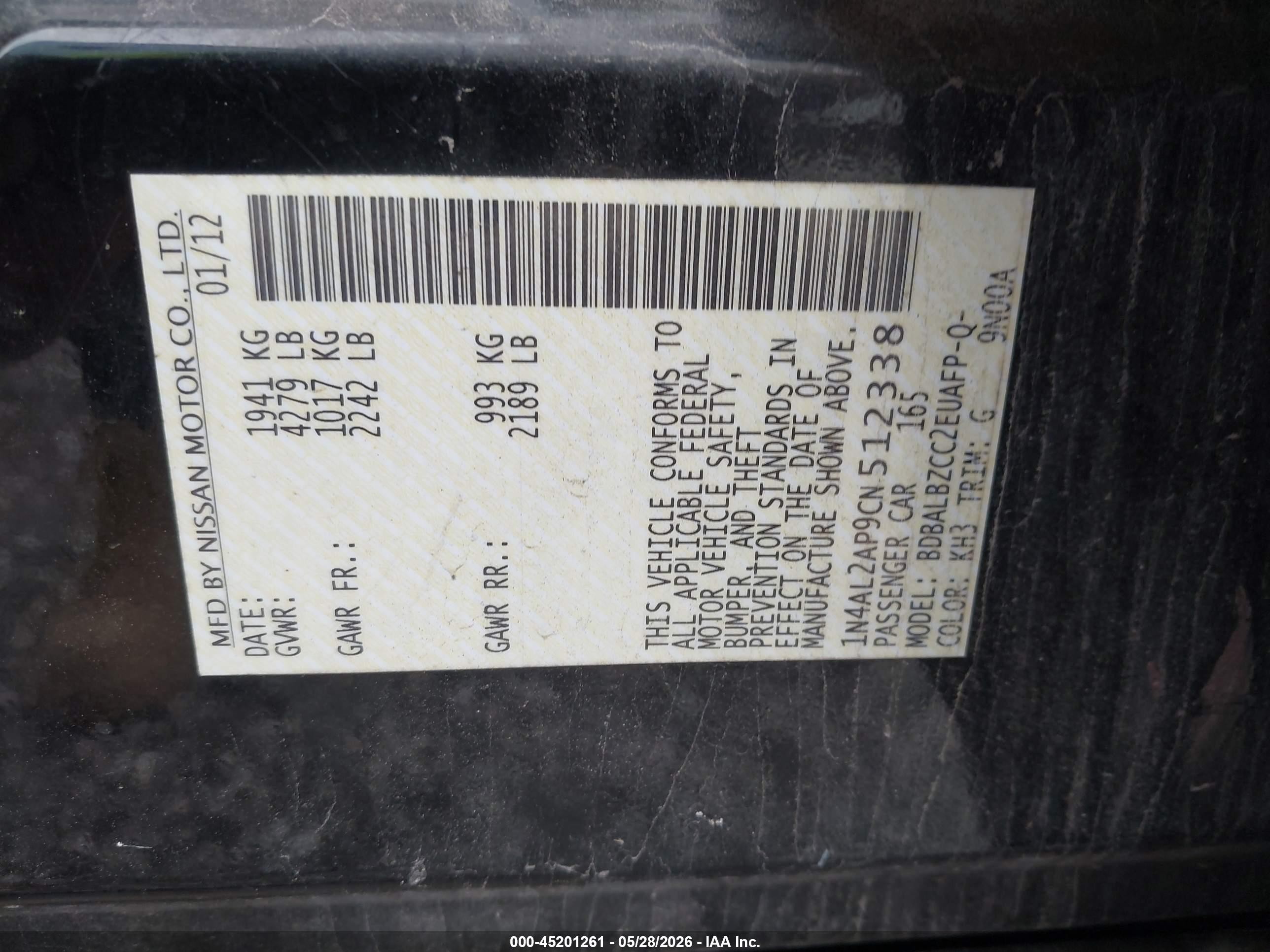 2012 Nissan Altima 2.5 S Black vin: 1N4AL2AP9CN512338
