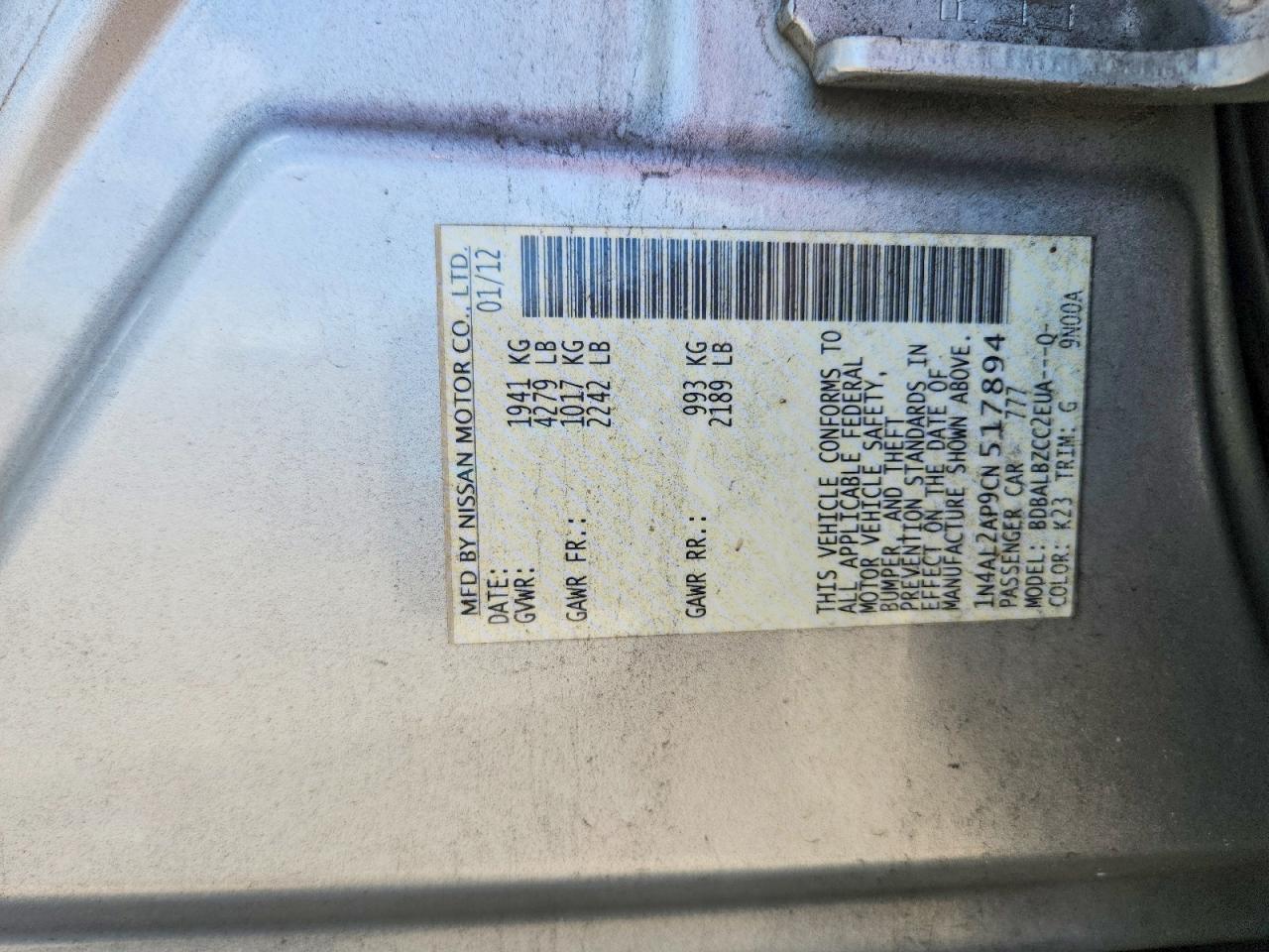 2012 Nissan Altima 2.5 Silver vin: 1N4AL2AP9CN517894