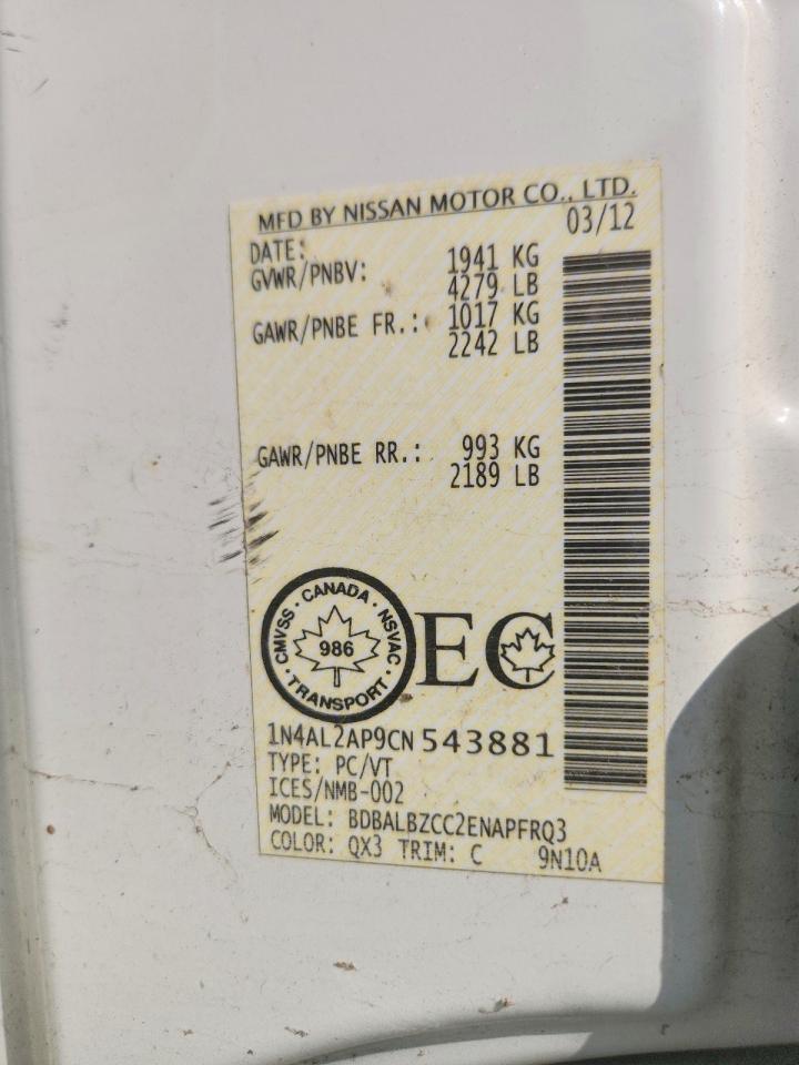 2012 Nissan Altima 2.5 White vin: 1N4AL2AP9CN543881