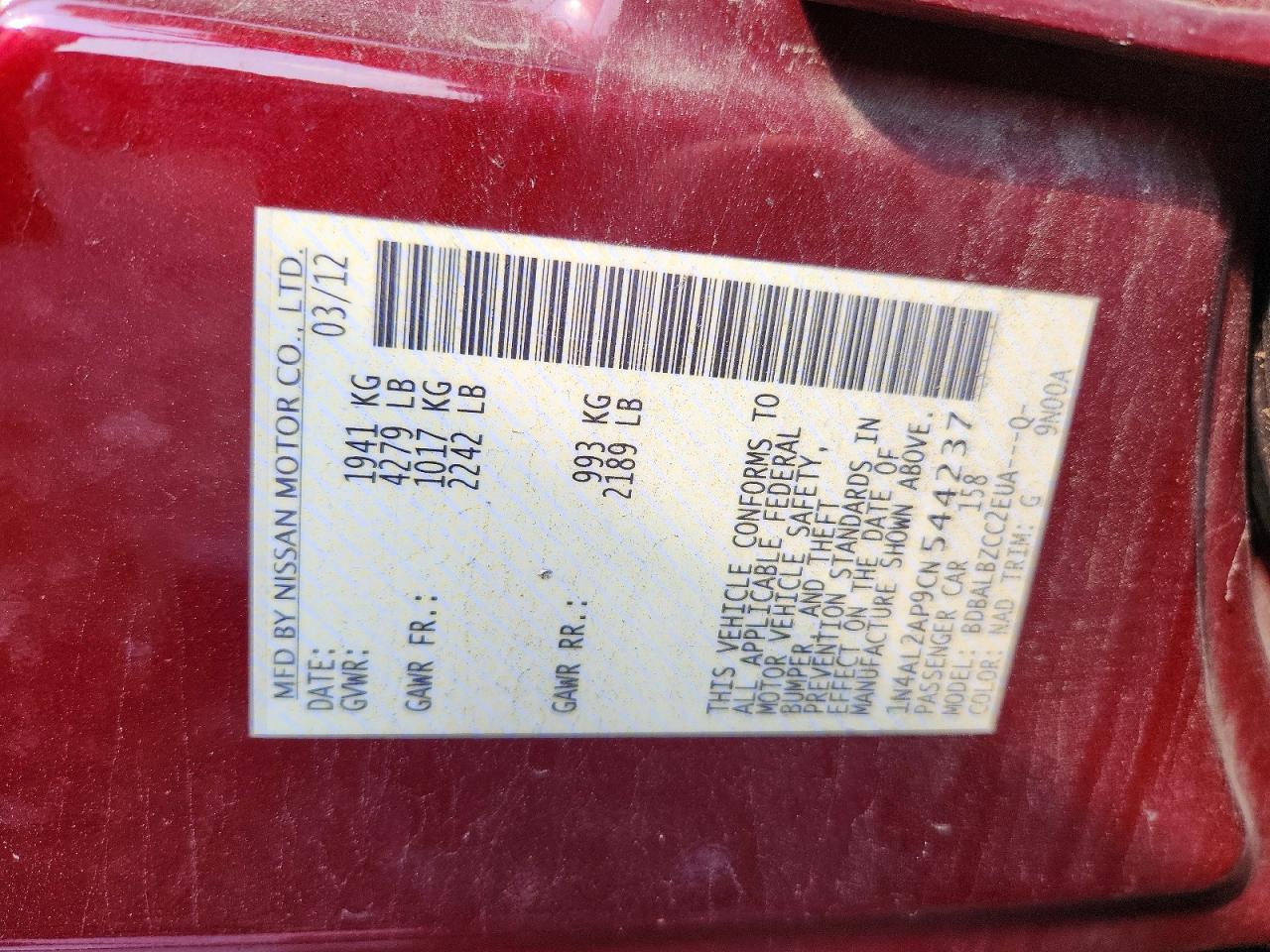 2012 Nissan Altima 2.5 Red vin: 1N4AL2AP9CN544237