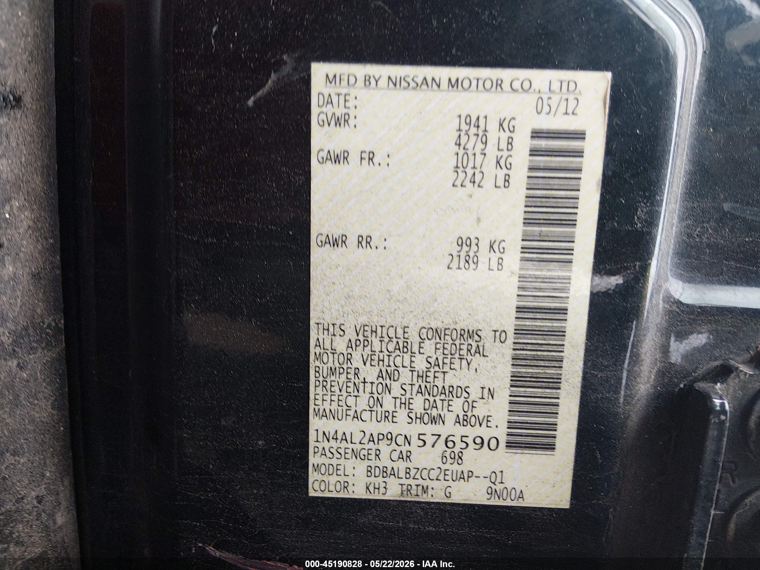 2012 Nissan Altima 2.5 S Black vin: 1N4AL2AP9CN576590