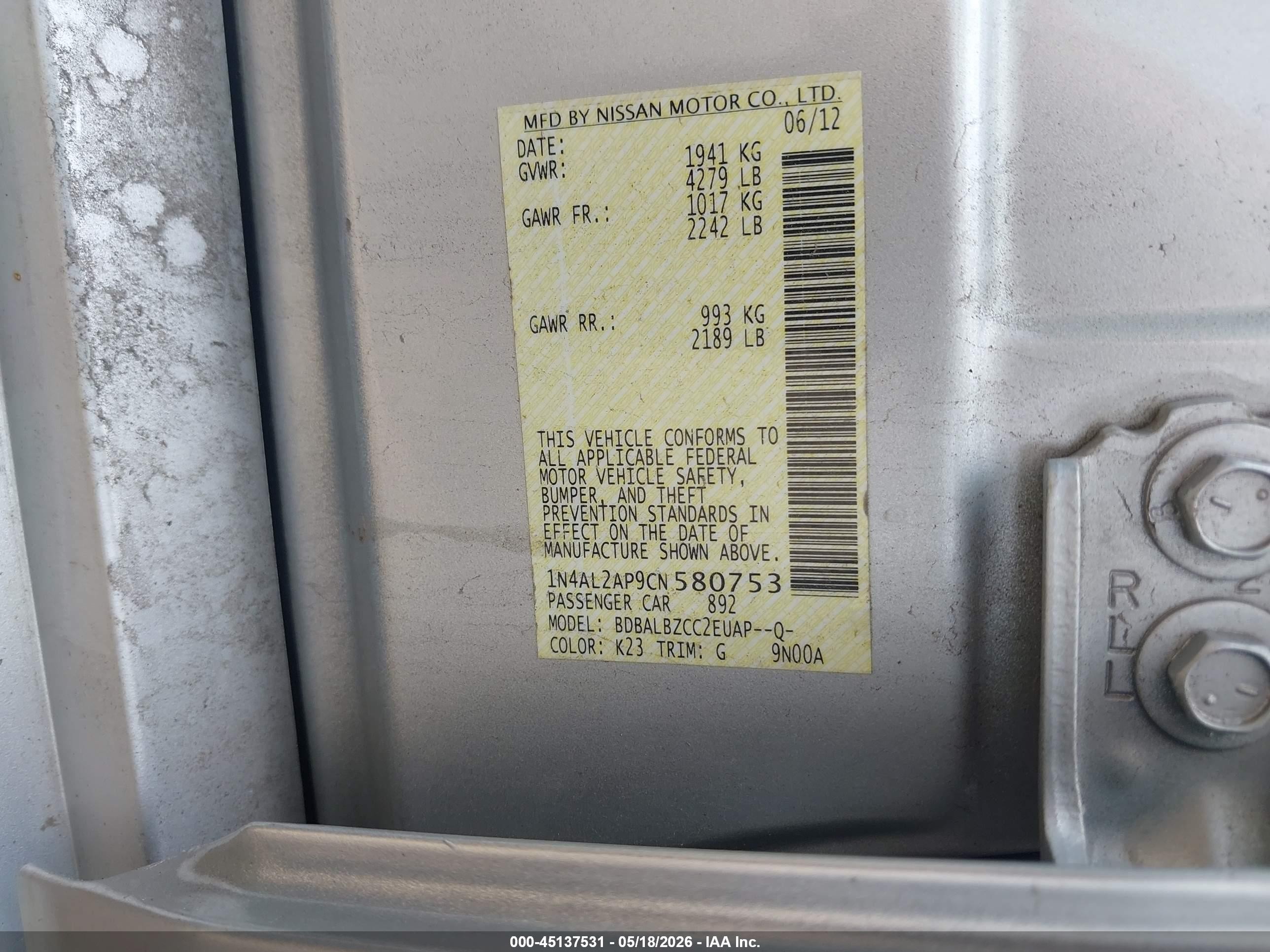 2012 Nissan Altima 2.5 S Silver vin: 1N4AL2AP9CN580753