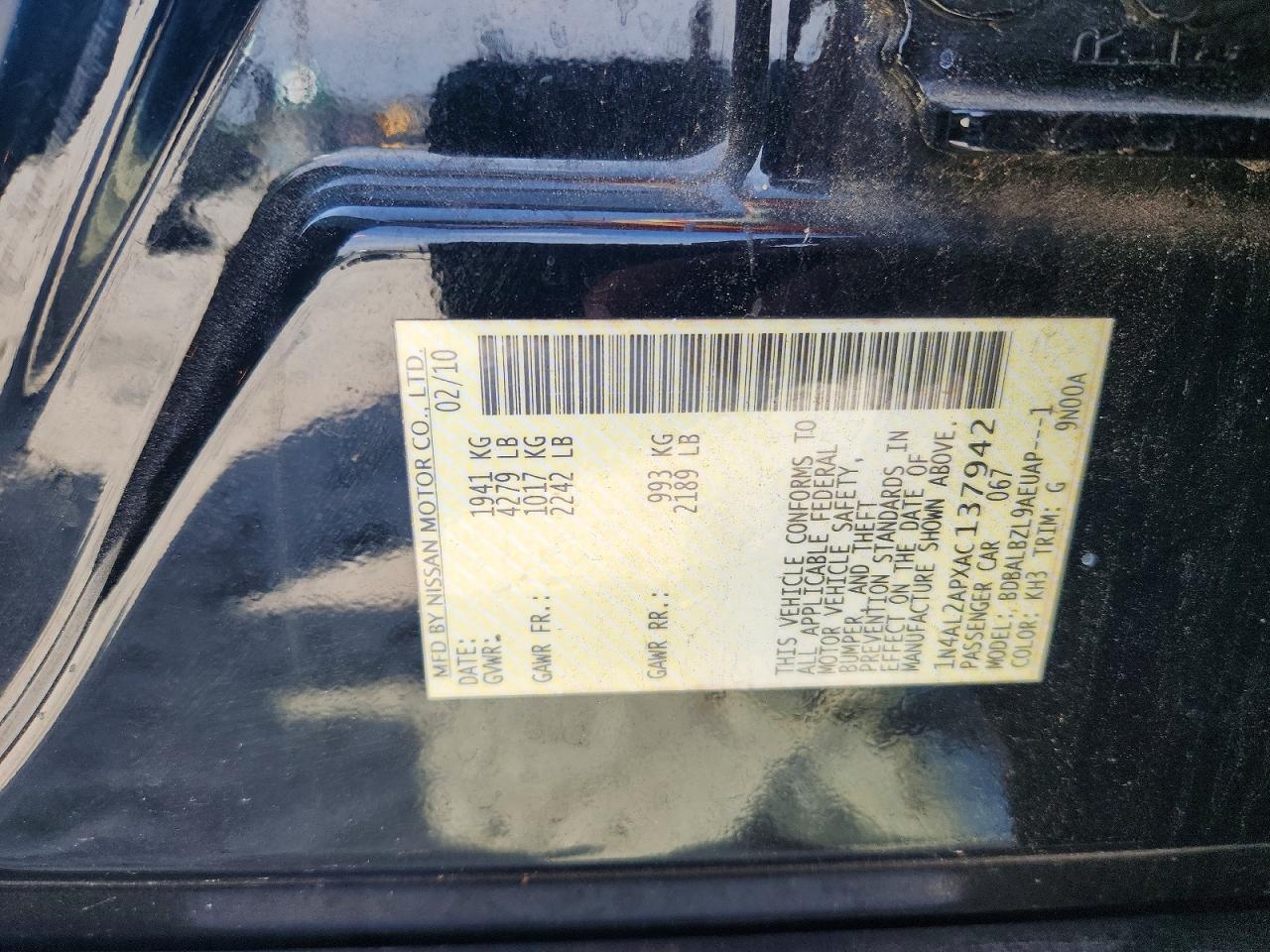 2010 Nissan Altima 2.5 Black vin: 1N4AL2APXAC137942