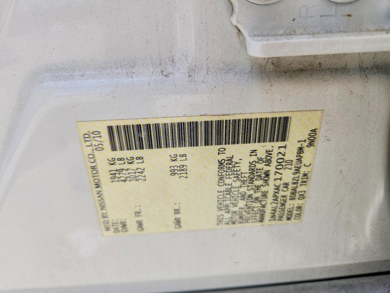 2010 Nissan Altima 2.5 White vin: 1N4AL2APXAC170021