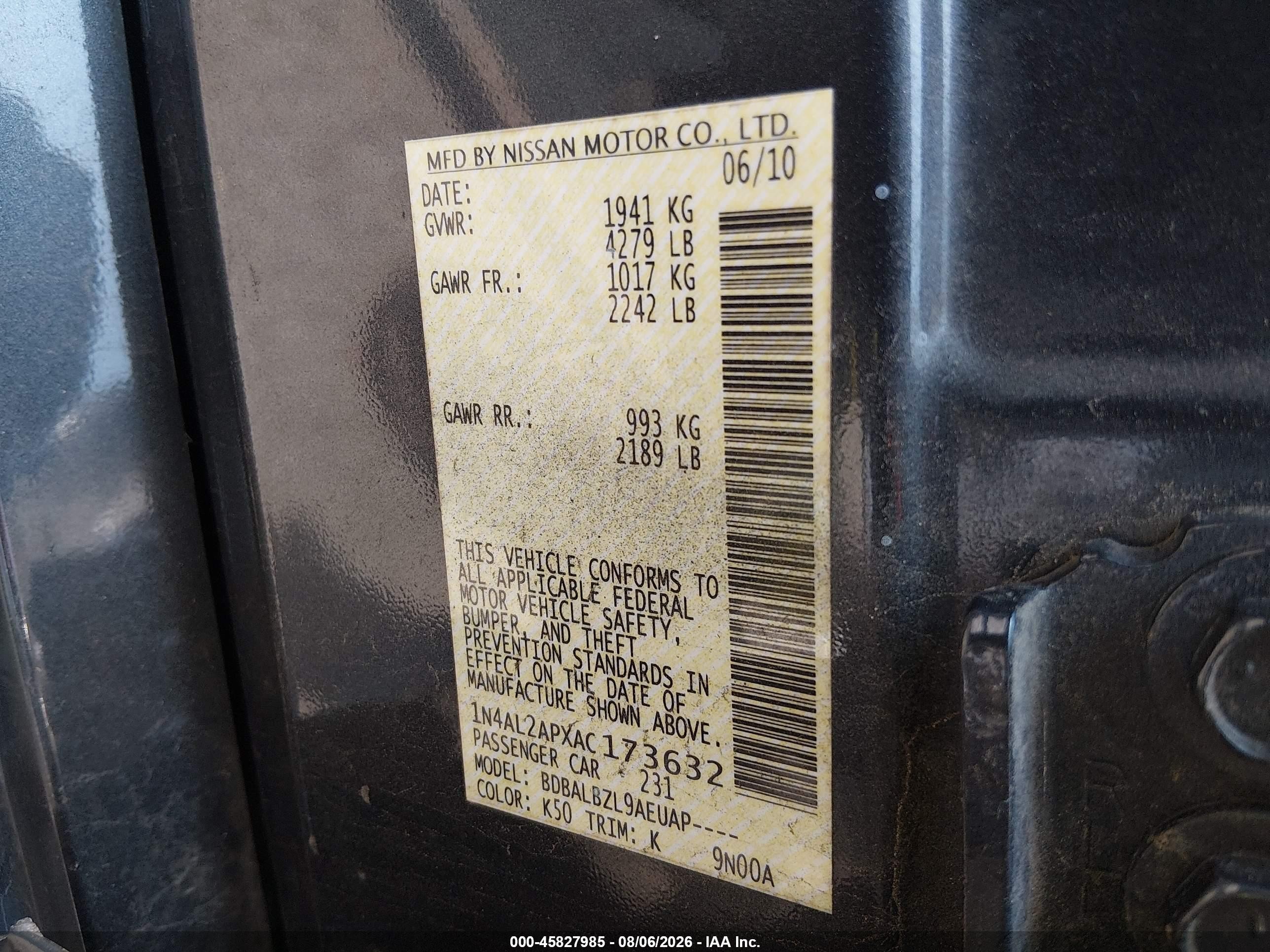 2010 Nissan Altima 2.5 S Silver vin: 1N4AL2APXAC173632