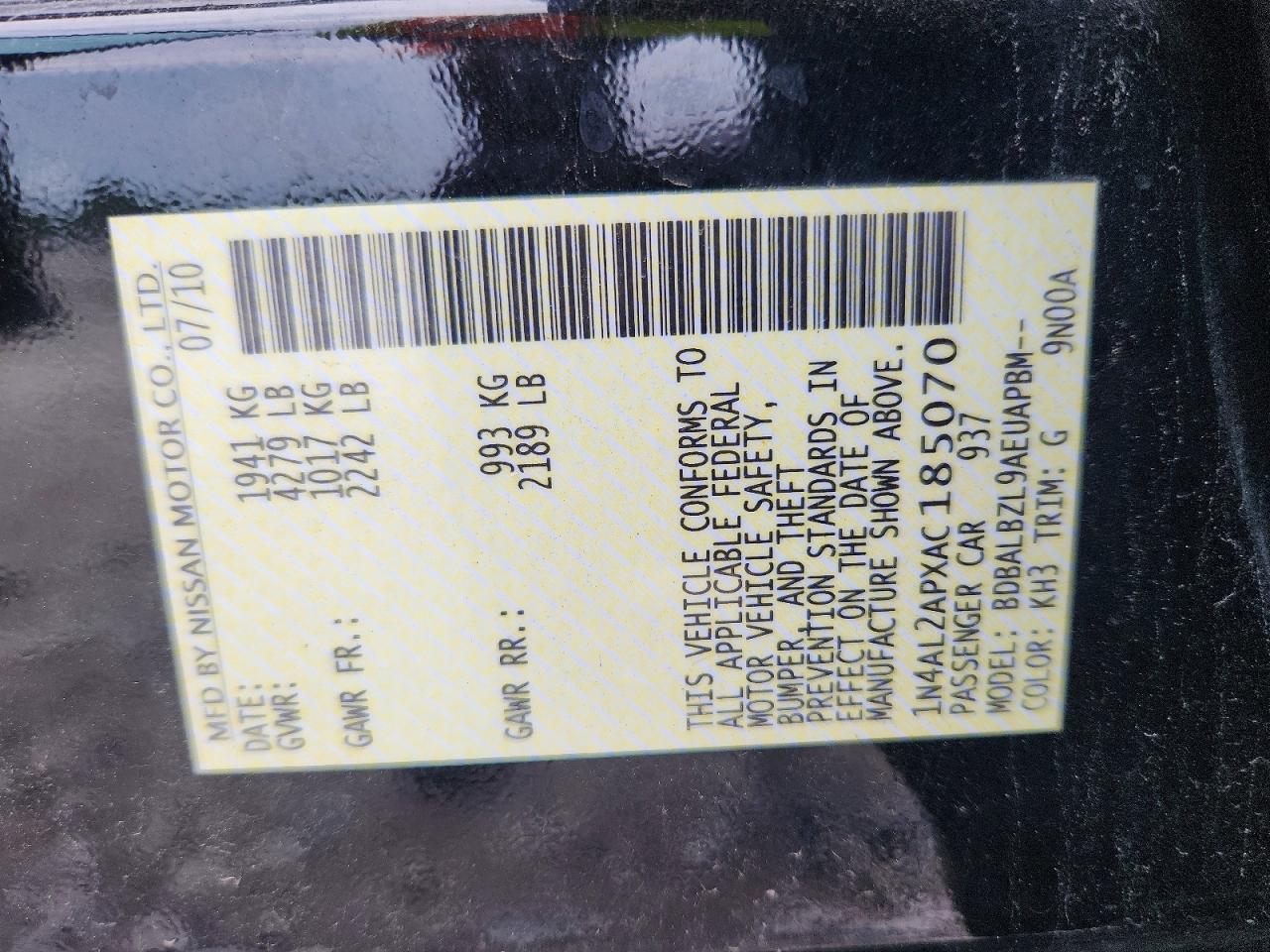 2010 Nissan Altima Черный vin: 1N4AL2APXAC185070
