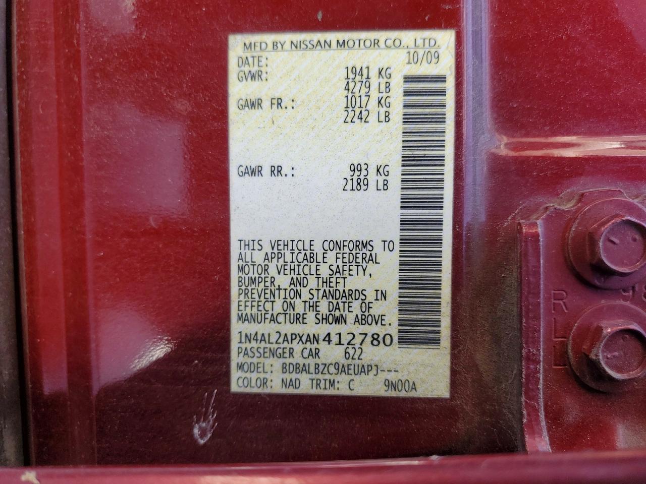 2010 Nissan Altima 2.5 Maroon vin: 1N4AL2APXAN412780