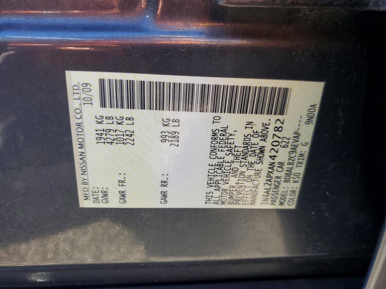 2010 Nissan Altima Base Gray vin: 1N4AL2APXAN420782