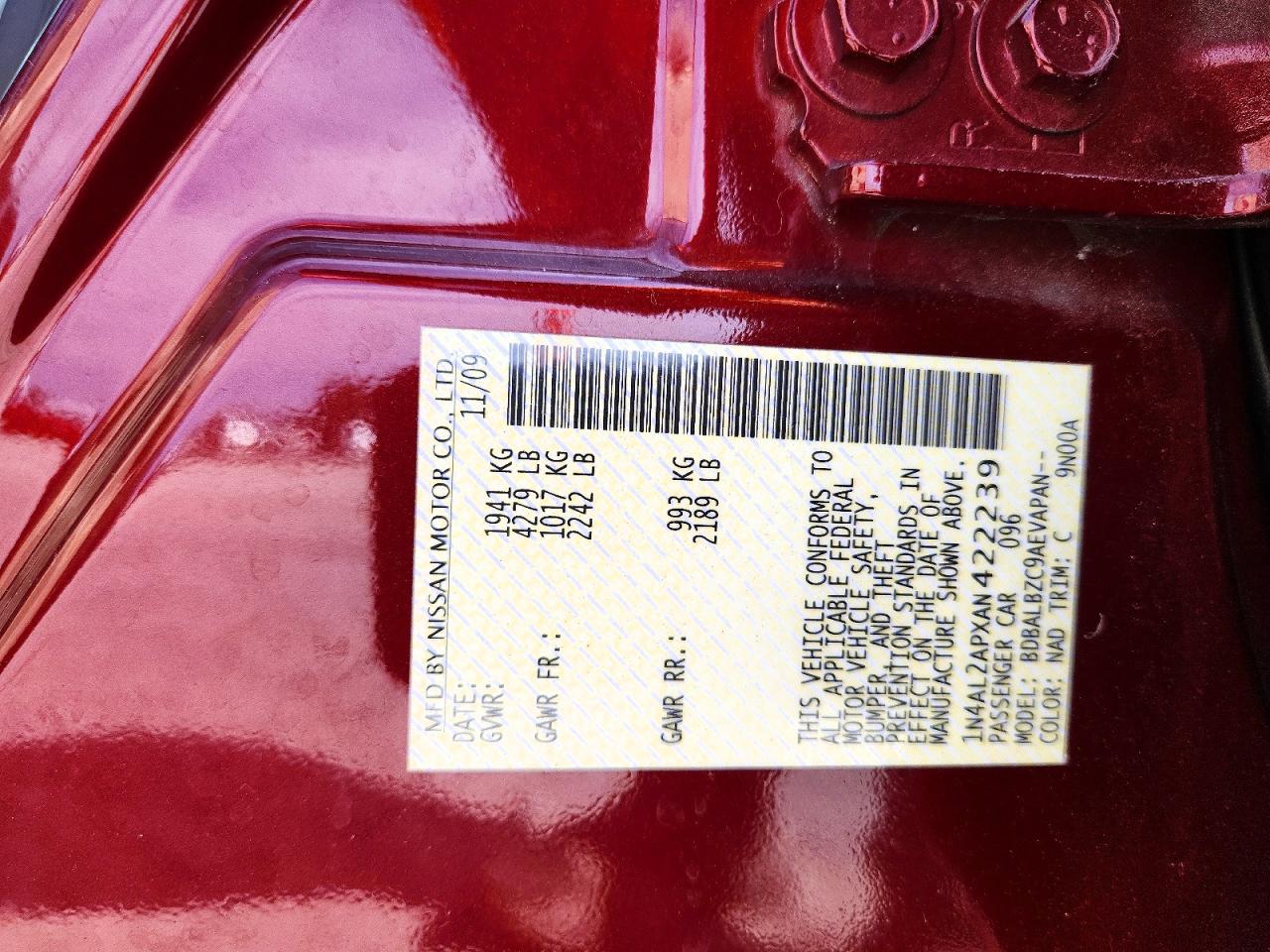2010 Nissan Altima 2.5 Burgundy vin: 1N4AL2APXAN422239