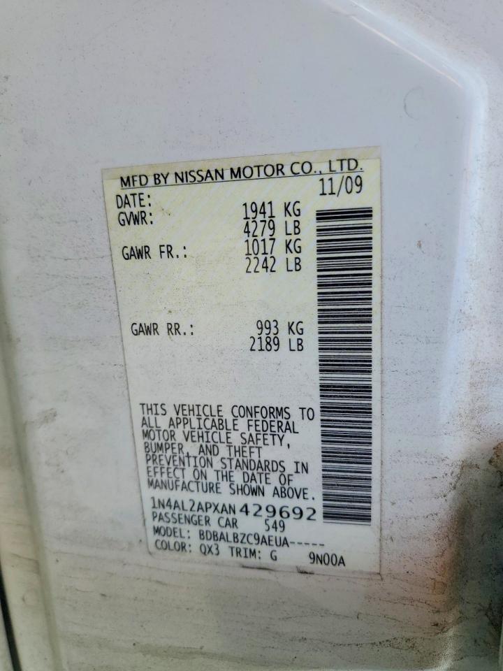 2010 Nissan Altima 2.5 Белый vin: 1N4AL2APXAN429692