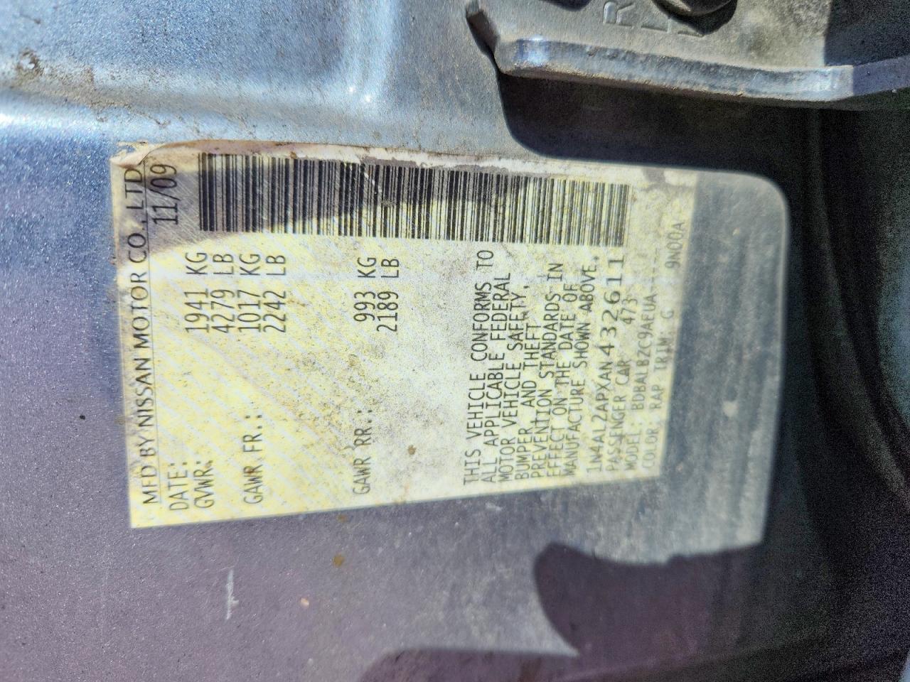 2010 Nissan Altima Blue vin: 1N4AL2APXAN432611