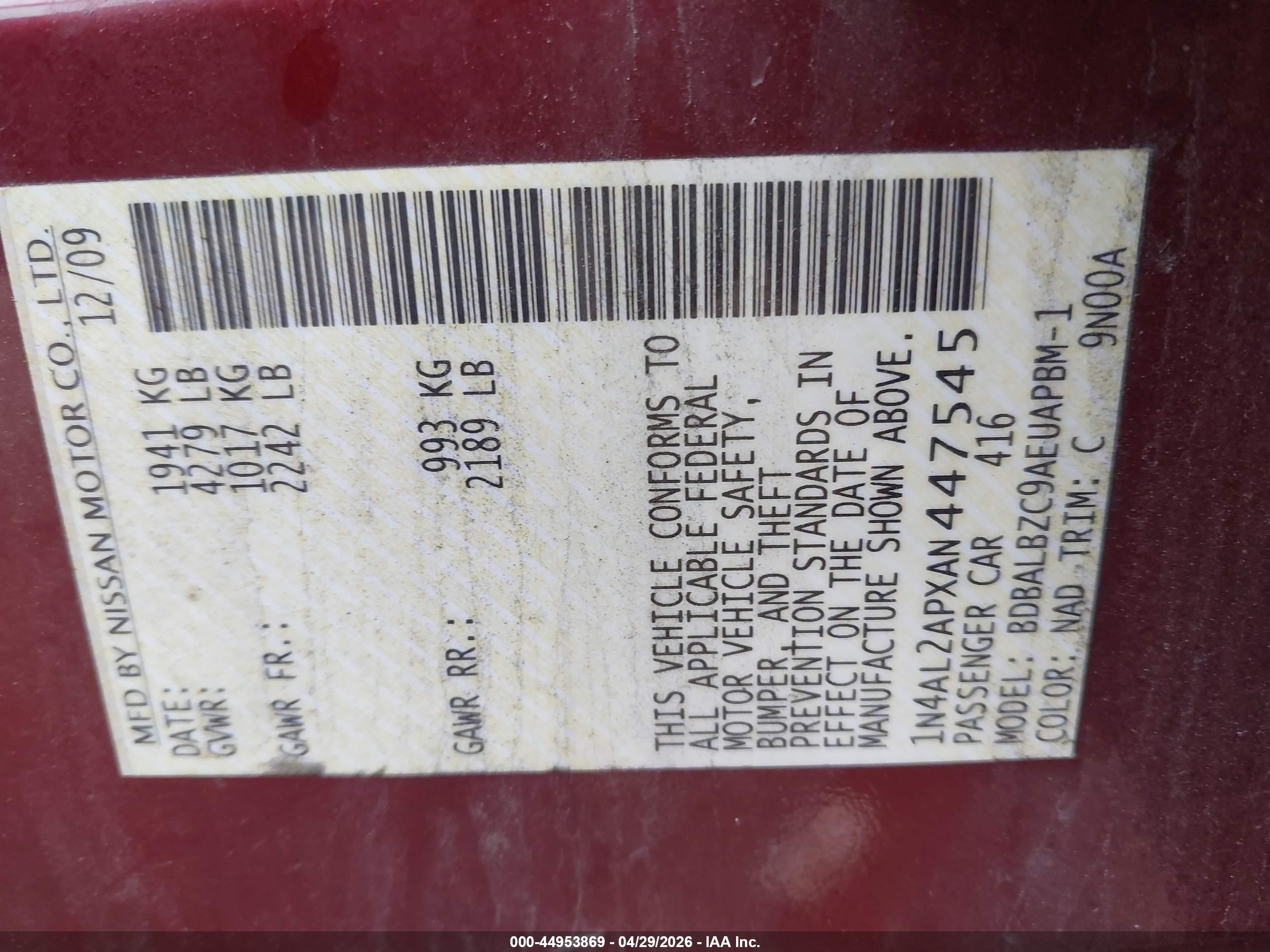 2010 Nissan Altima 2.5 S Maroon vin: 1N4AL2APXAN447545