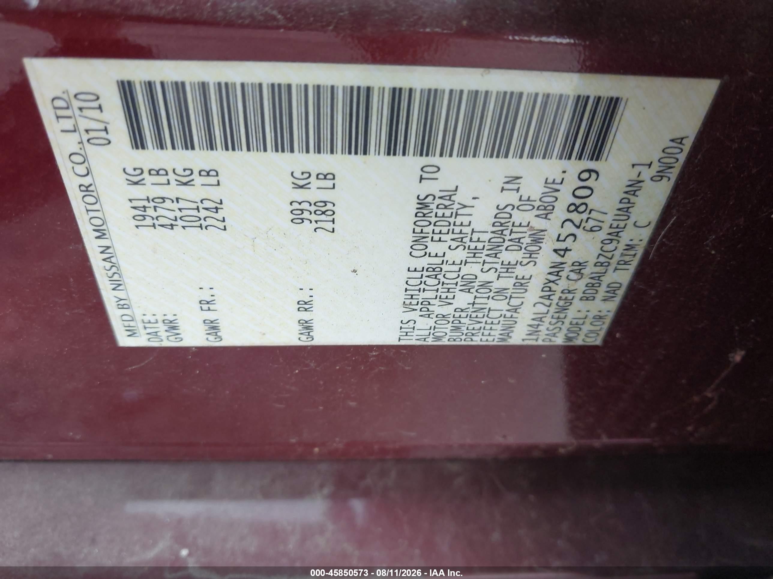 2010 Nissan Altima 2.5 S Burgundy vin: 1N4AL2APXAN452809