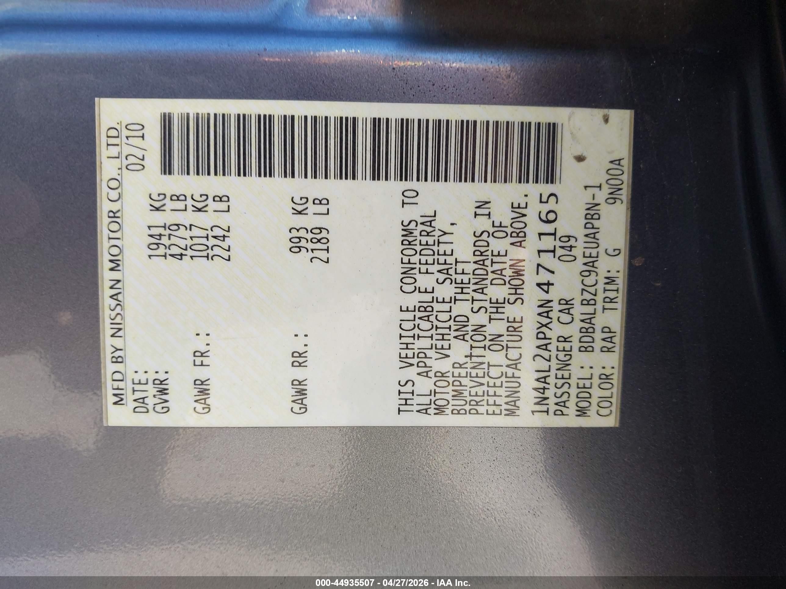 2010 Nissan Altima 2.5 S Light Blue vin: 1N4AL2APXAN471165