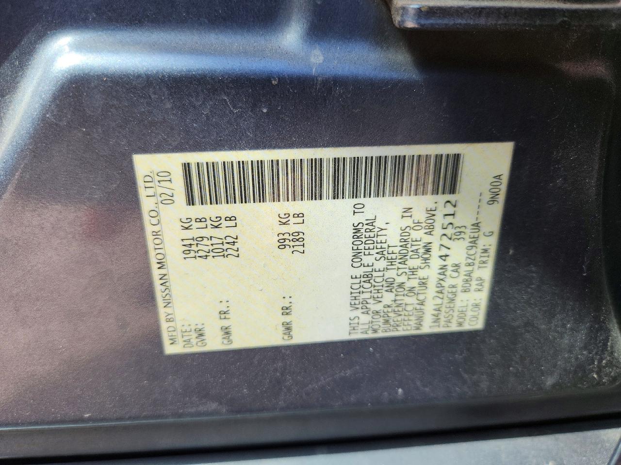 2010 Nissan Altima S Silver vin: 1N4AL2APXAN472512