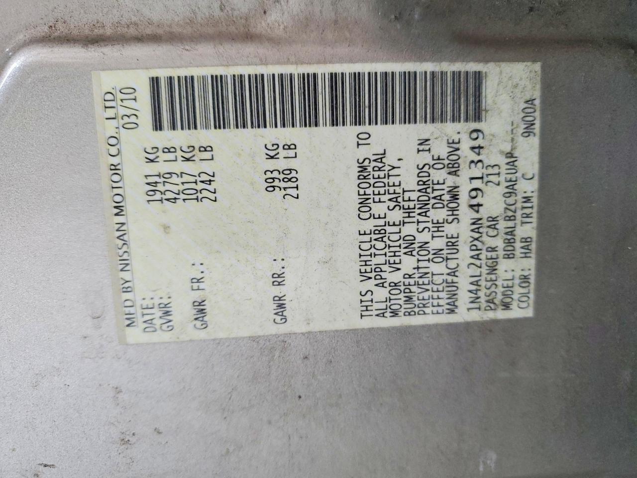 2010 Nissan Altima Base/s Beige vin: 1N4AL2APXAN491349