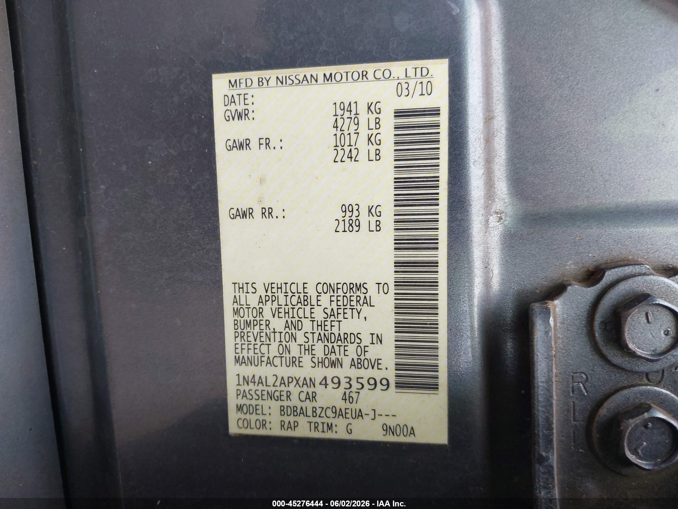 2010 Nissan Altima 2.5 S Blue vin: 1N4AL2APXAN493599