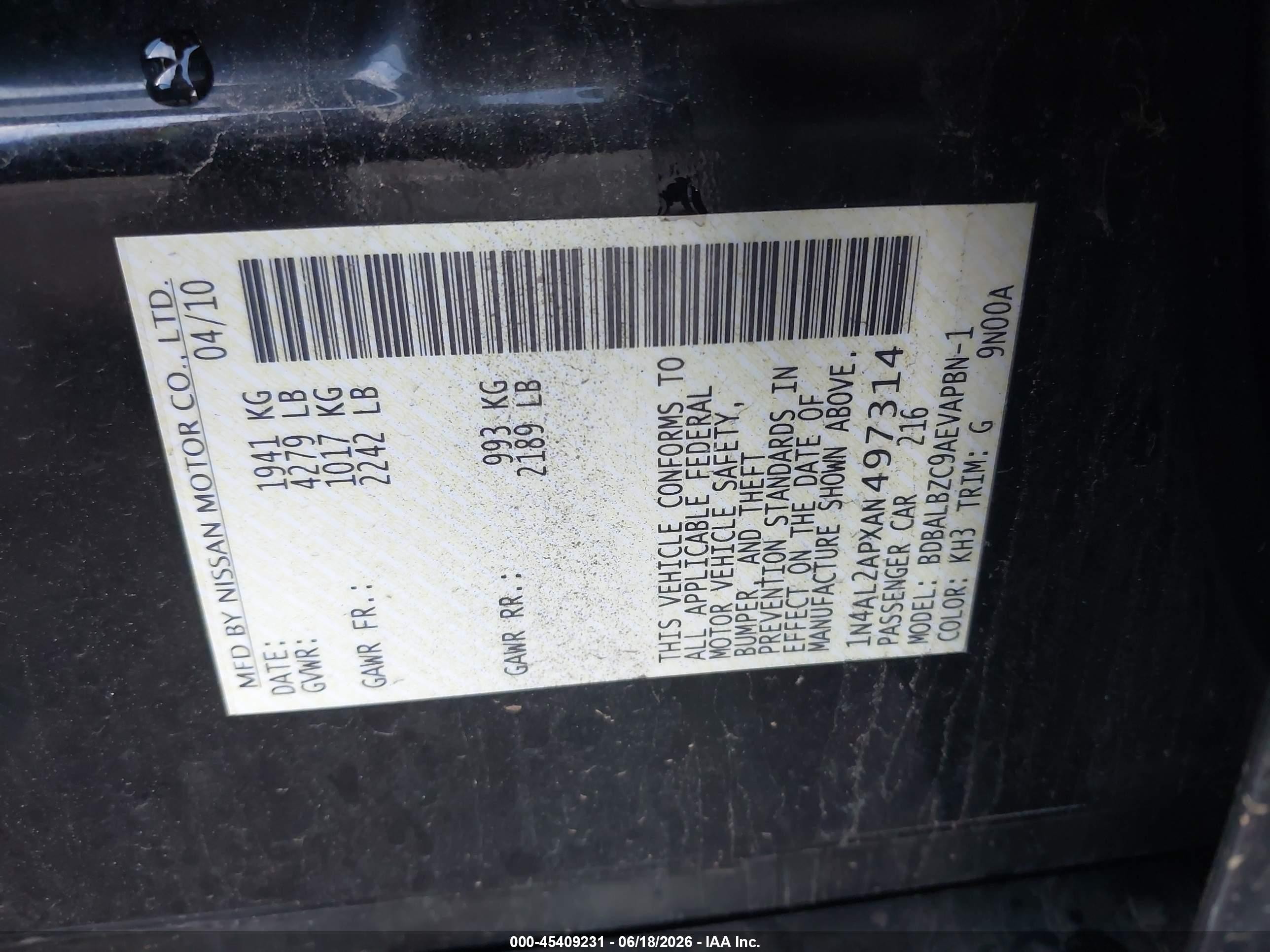 2010 Nissan Altima 2.5 S Black vin: 1N4AL2APXAN497314