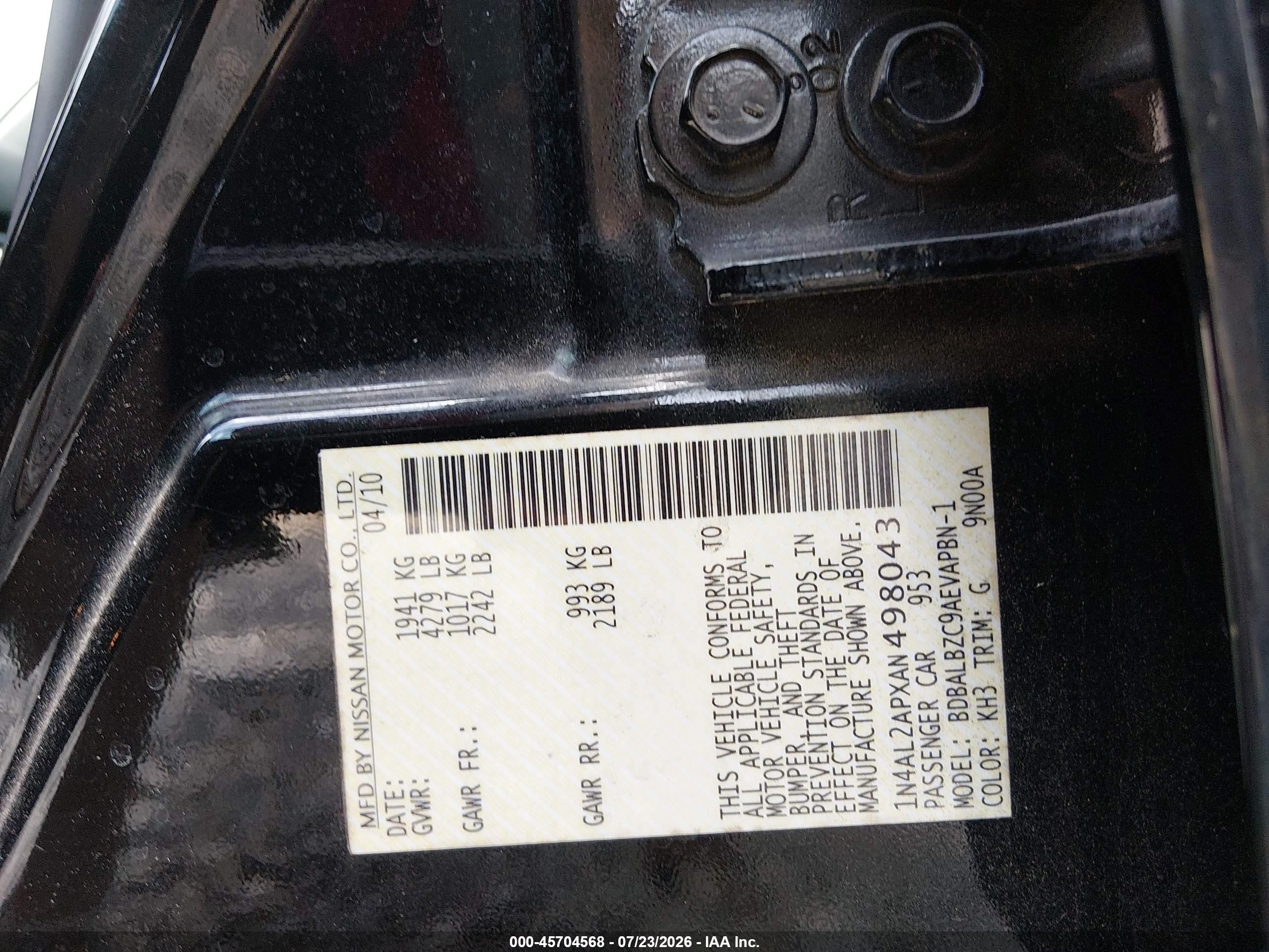 2010 Nissan Altima 2.5 S Black vin: 1N4AL2APXAN498043