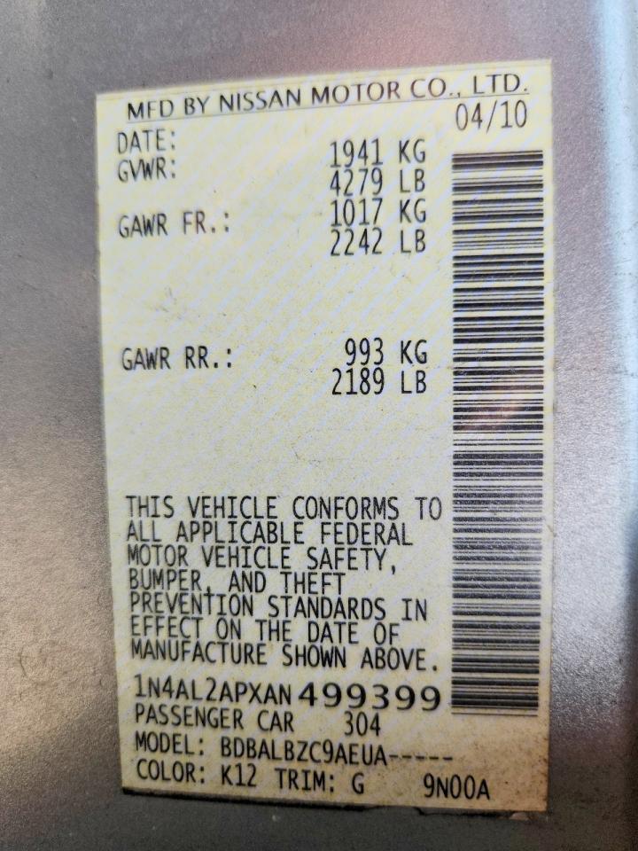 2010 Nissan Altima 2.5 Silver vin: 1N4AL2APXAN499399