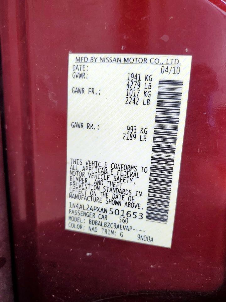 2010 Nissan Altima 2.5 Red vin: 1N4AL2APXAN501653