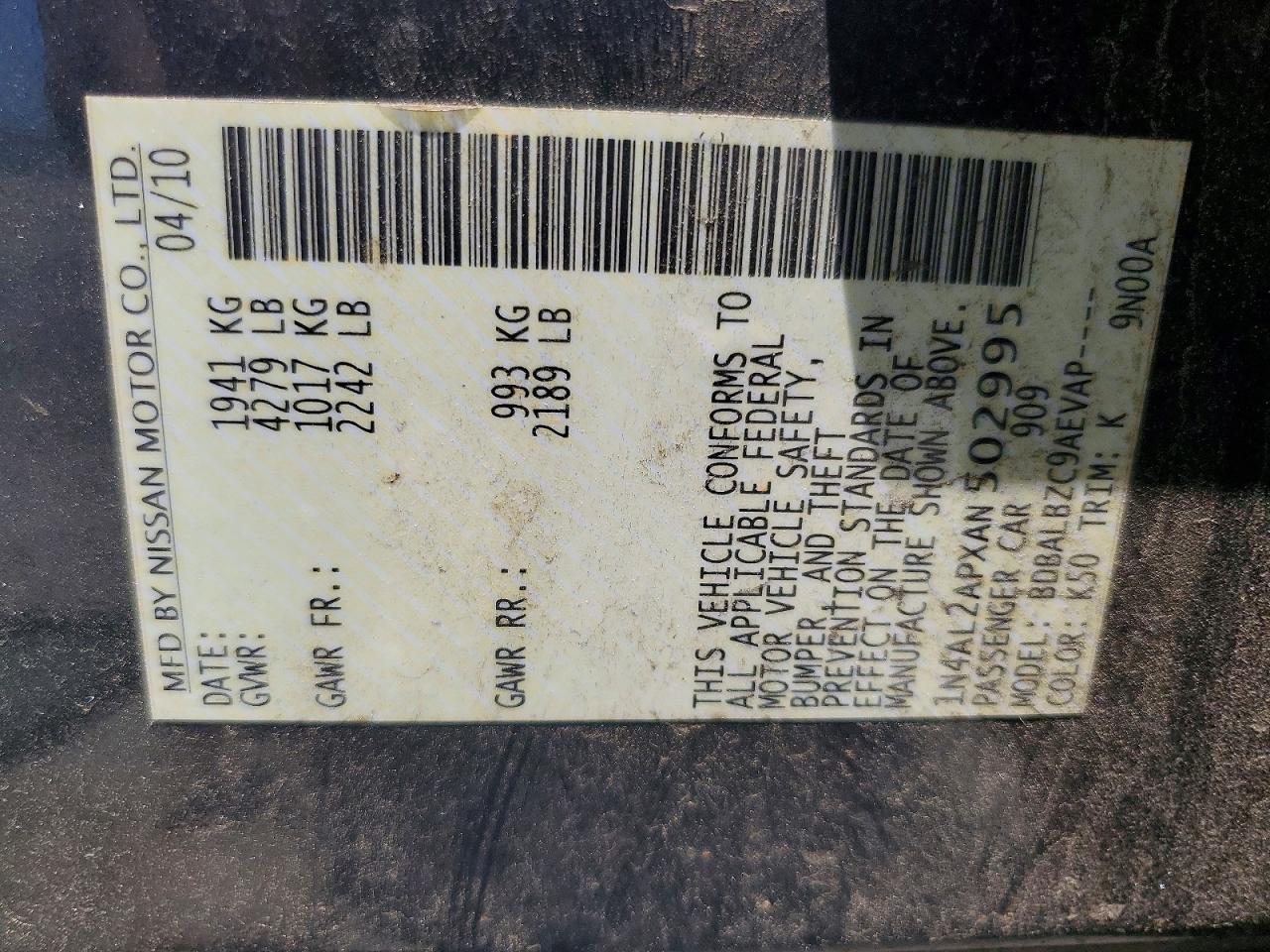 2010 Nissan Altima 2.5 Charcoal vin: 1N4AL2APXAN502995