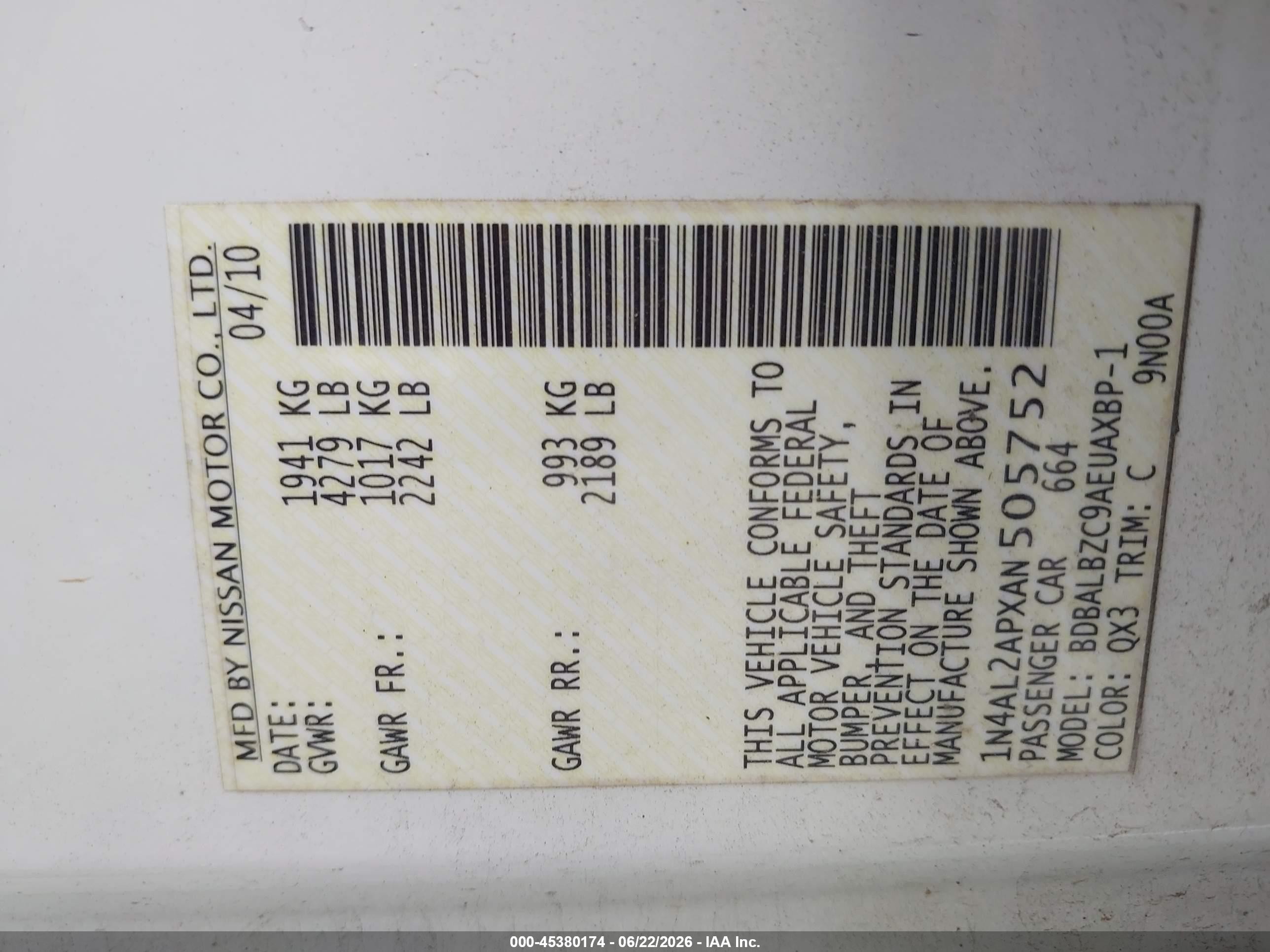 2010 Nissan Altima 2.5 S White vin: 1N4AL2APXAN505752