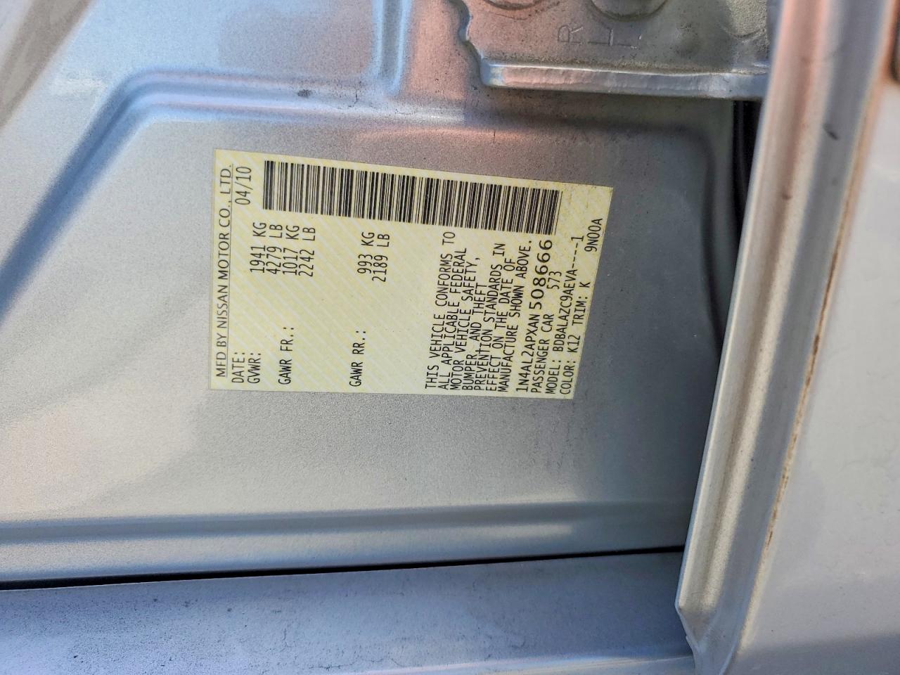 2010 Nissan Altima Gray vin: 1N4AL2APXAN508666