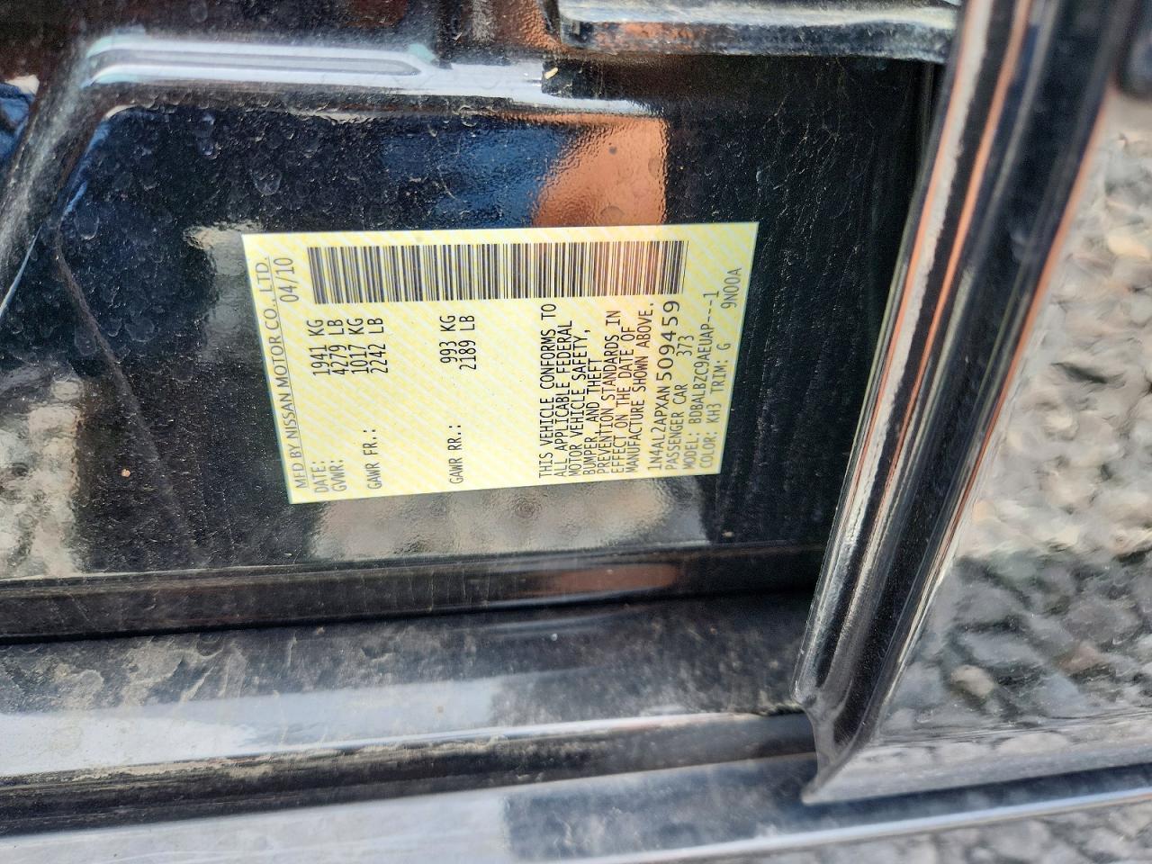 2010 Nissan Altima 2.5 Black vin: 1N4AL2APXAN509459