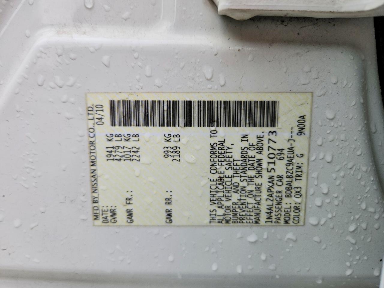 2010 Nissan Altima 2.5 White vin: 1N4AL2APXAN510773