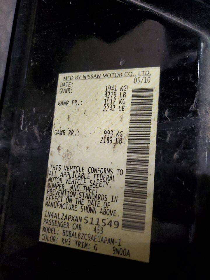 2010 Nissan Altima 2.5 Black vin: 1N4AL2APXAN511549