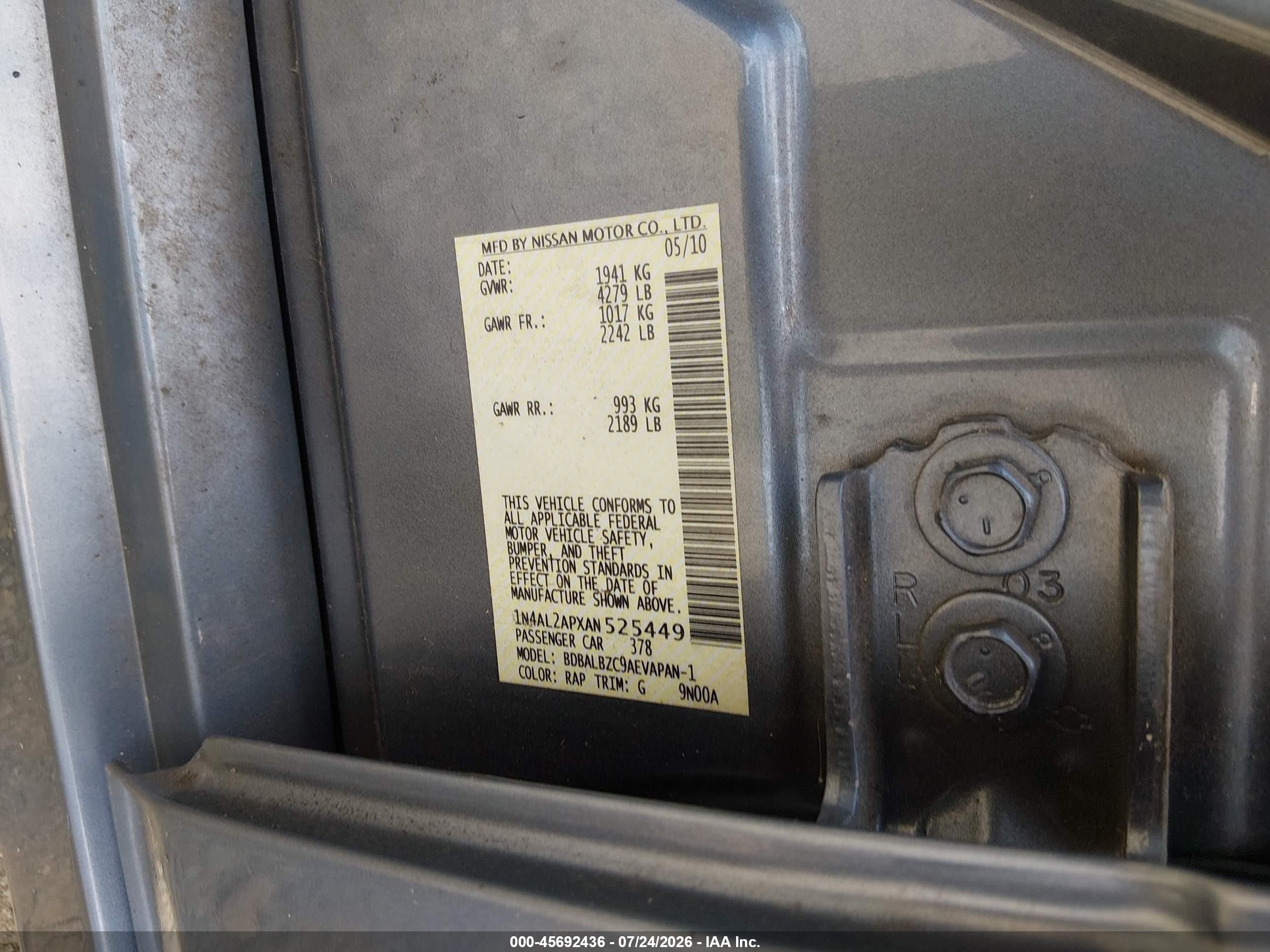 2010 Nissan Altima 2.5 S Blue vin: 1N4AL2APXAN525449