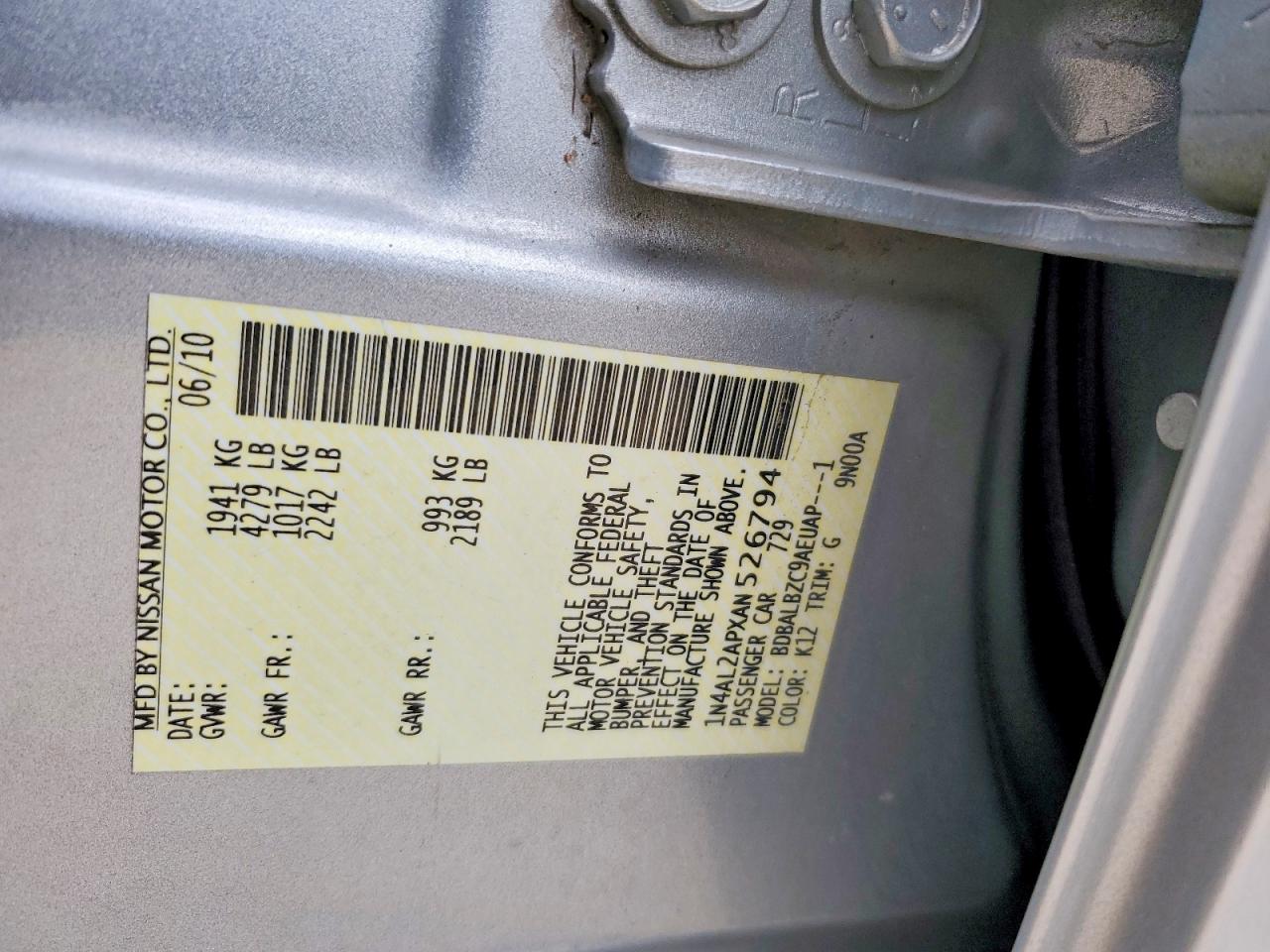 2010 Nissan Altima Base Silver vin: 1N4AL2APXAN526794