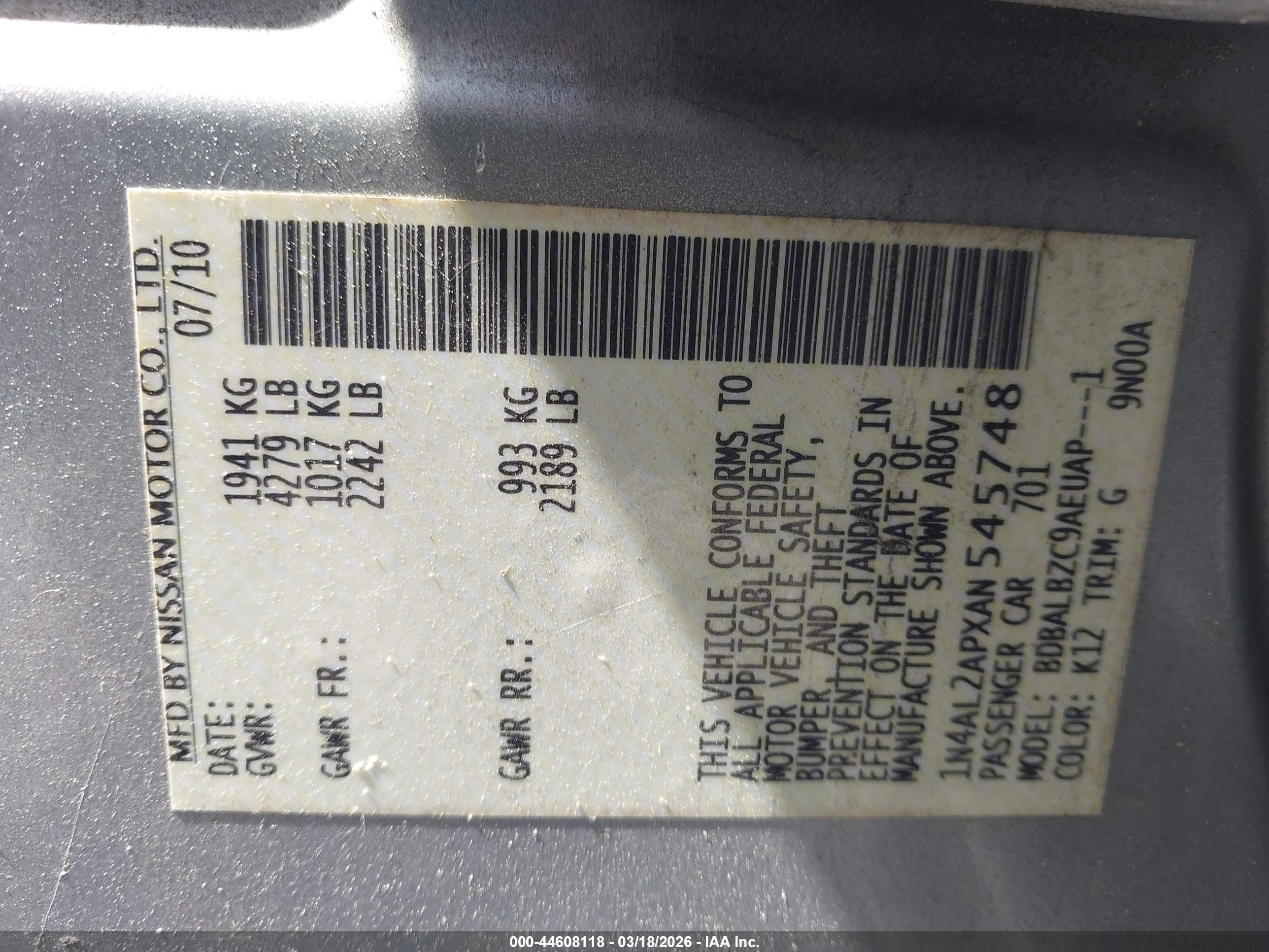 2010 Nissan Altima 2.5 S Silver vin: 1N4AL2APXAN545748