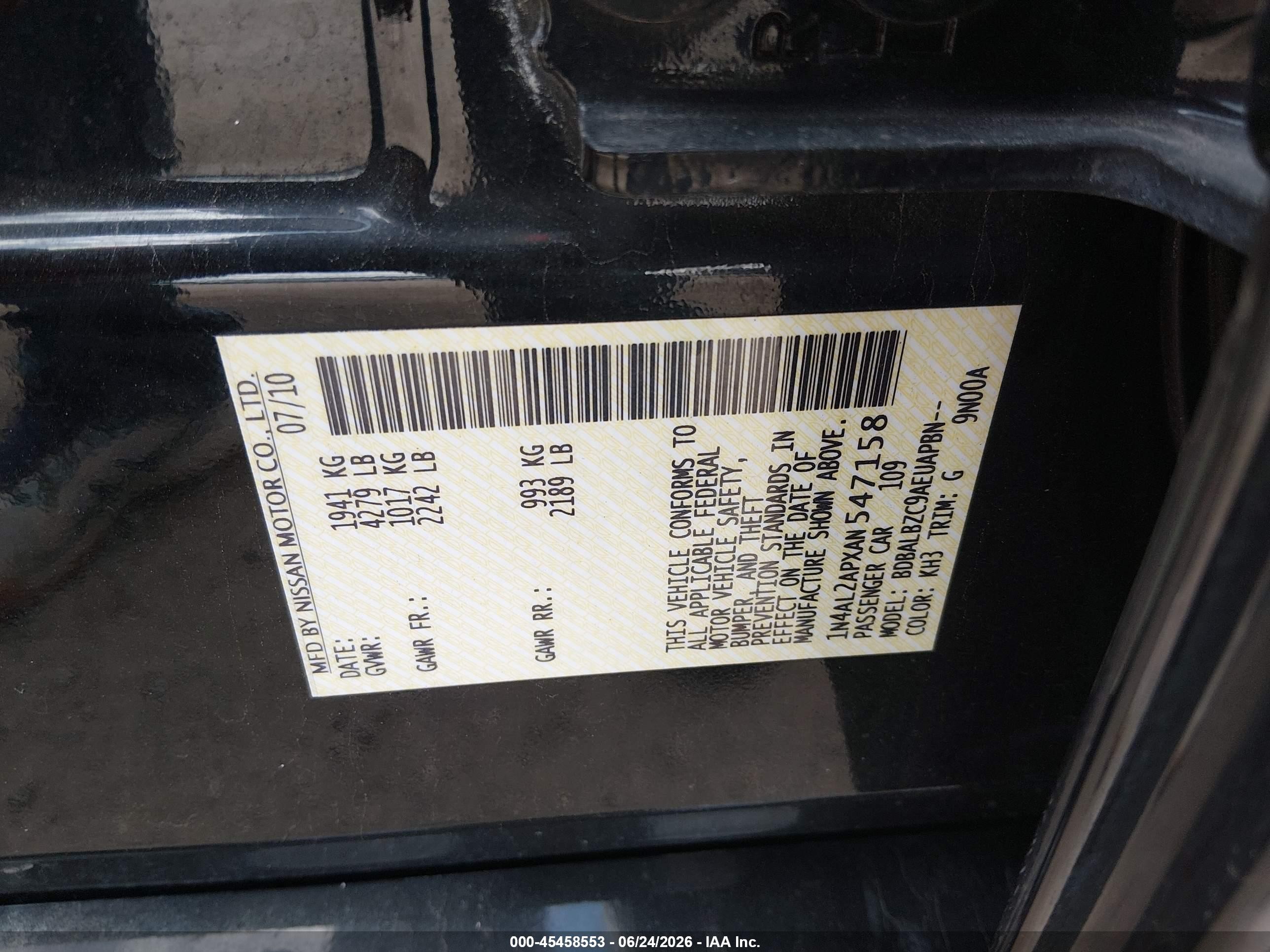 2010 Nissan Altima 2.5 S Black vin: 1N4AL2APXAN547158