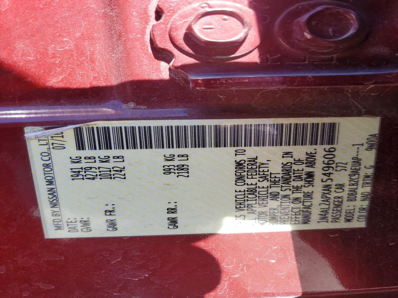 2010 Nissan Altima 2.5 Burgundy vin: 1N4AL2APXAN549606