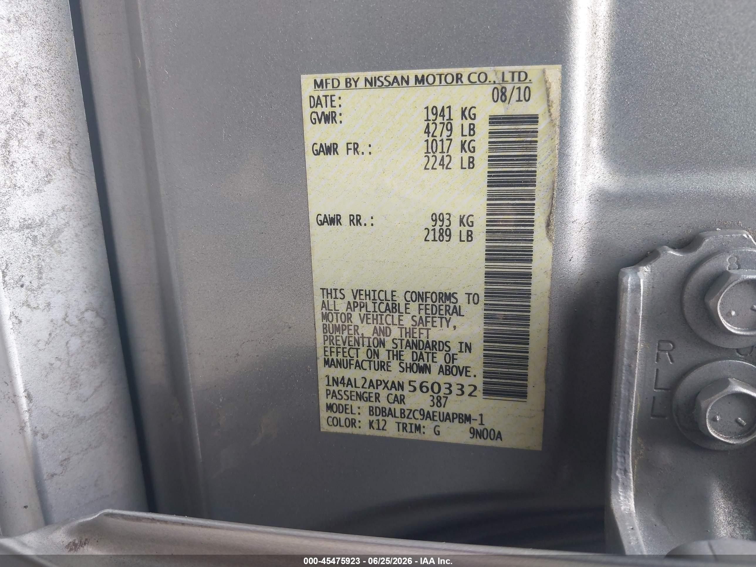 2010 Nissan Altima 2.5 S Silver vin: 1N4AL2APXAN560332